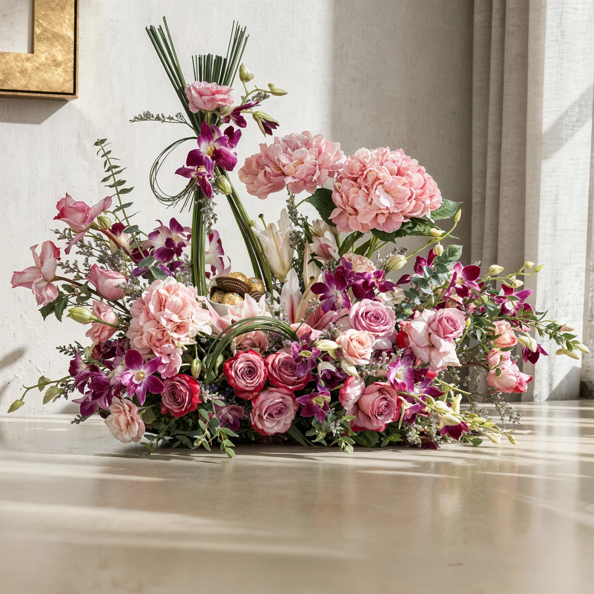 An arrangement of 12 purple roses, 15 purple orchids, 1 pink lily, 2 pink alstromeria, 5 pink lisianthus, 3 pink hydrangeas, bunch of steel grass and 8pcs Ferrero rocher chocolate with green fillers on a wooden log.