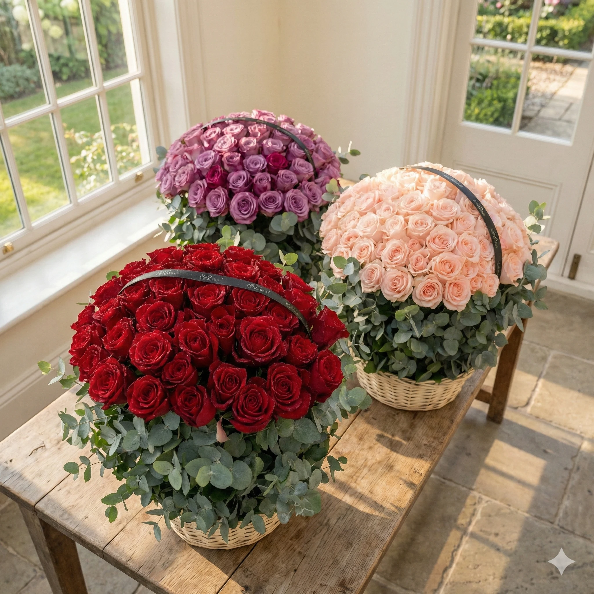 Three separate arrangements of 150 red roses, 150 pink roses and 150 purple roses each beautifully arranged with eucalyptus leaves in a basket.
