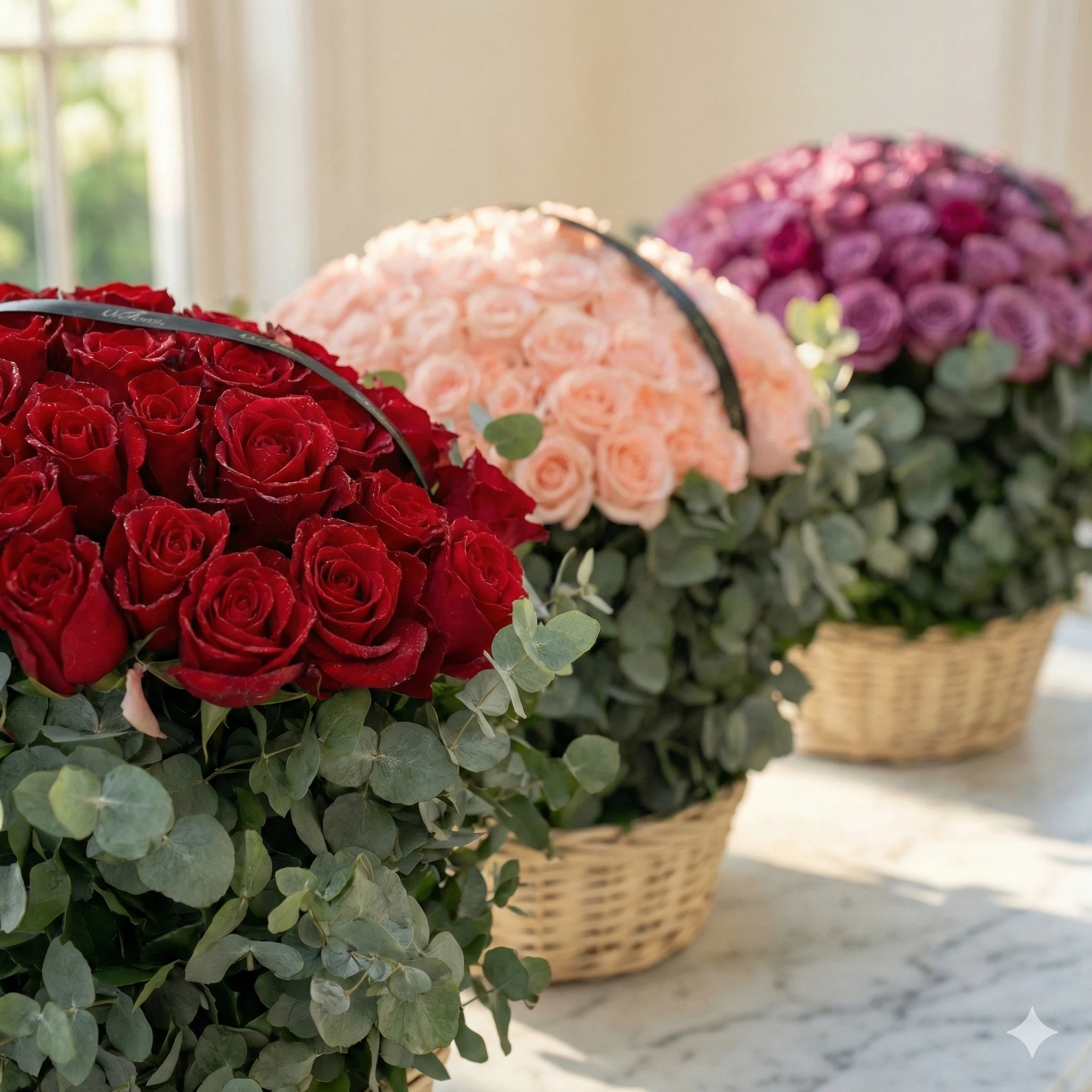 Three separate arrangements of 150 red roses, 150 pink roses and 150 purple roses each beautifully arranged with eucalyptus leaves in a basket.