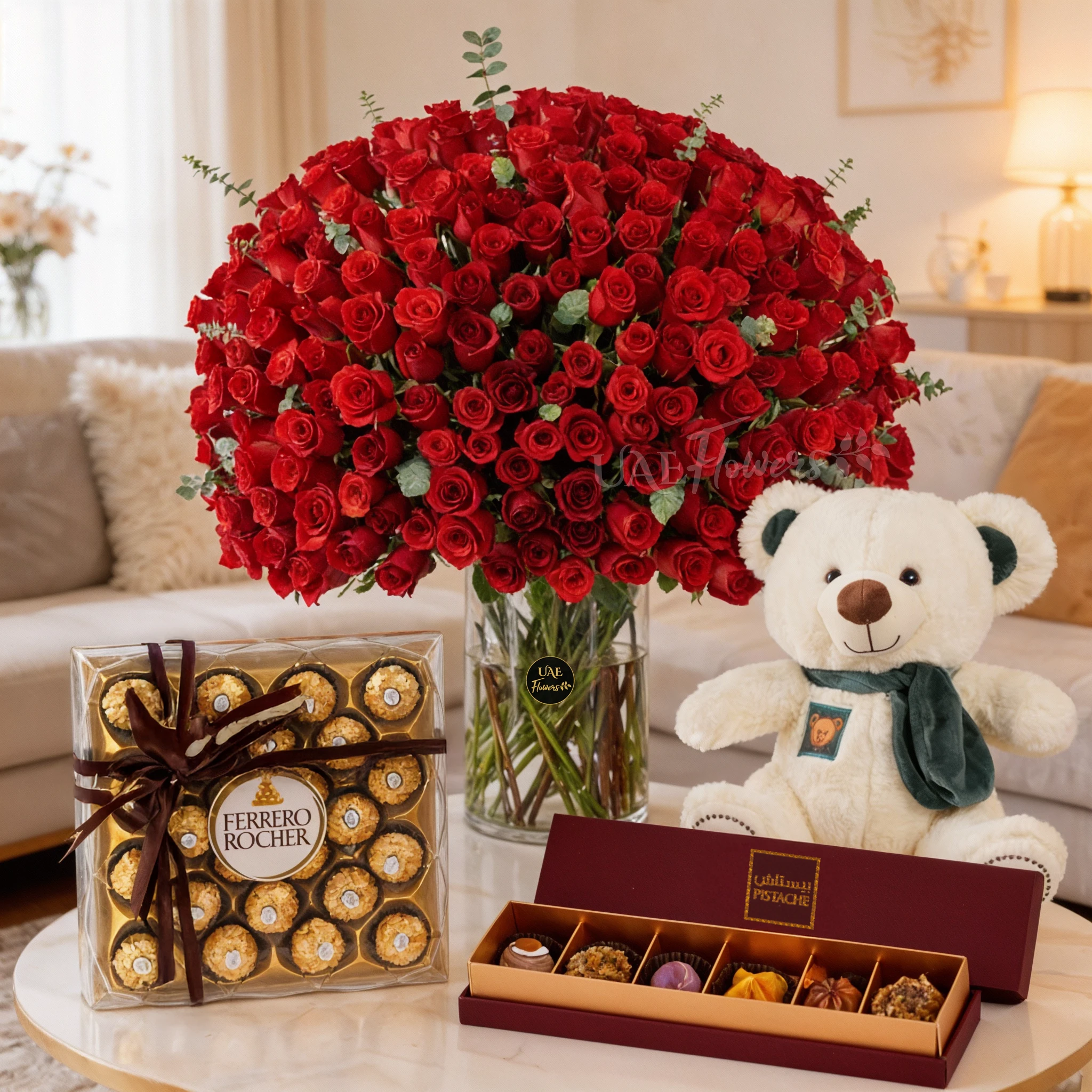 200 red roses with green fillers in a glass vase, small white teddy bear, 24pcs of Ferrero rocher chocolate and 6 Pcs Pistache Petite Indulgence Chocolate Box.