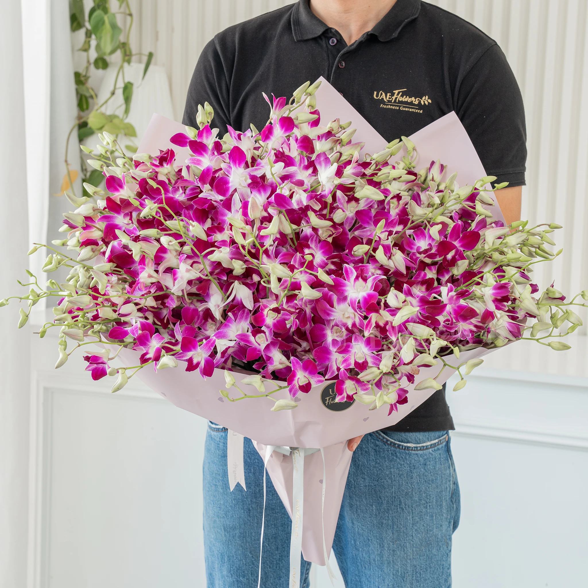 Bouquet of 100 purple orchids with fillers in a pink wrapping paper.