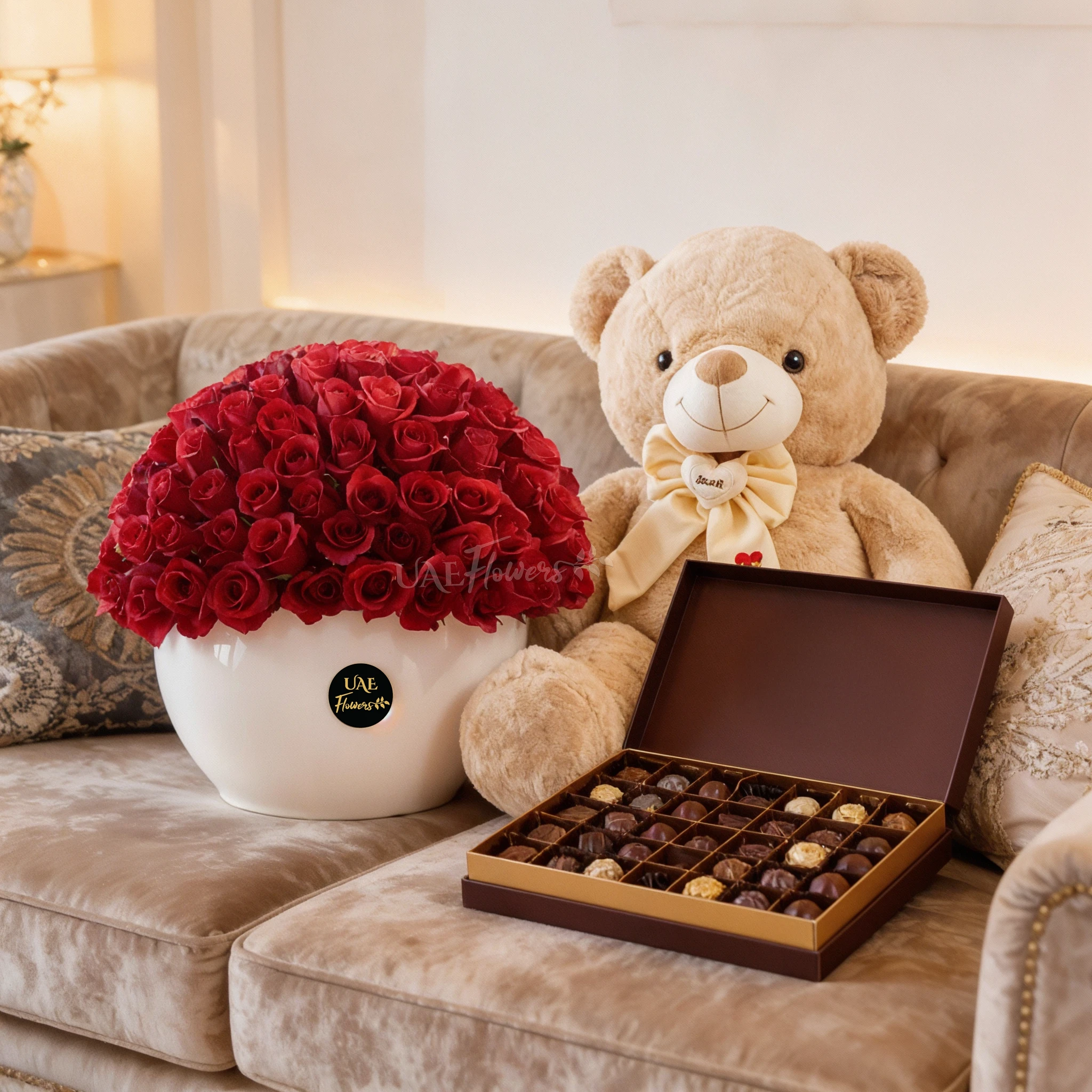 100 red roses in a ceramic pot, 49 Pcs Pistache Luxe Masterpiece Chocolate Box and 130 CM White Teddy Bear.