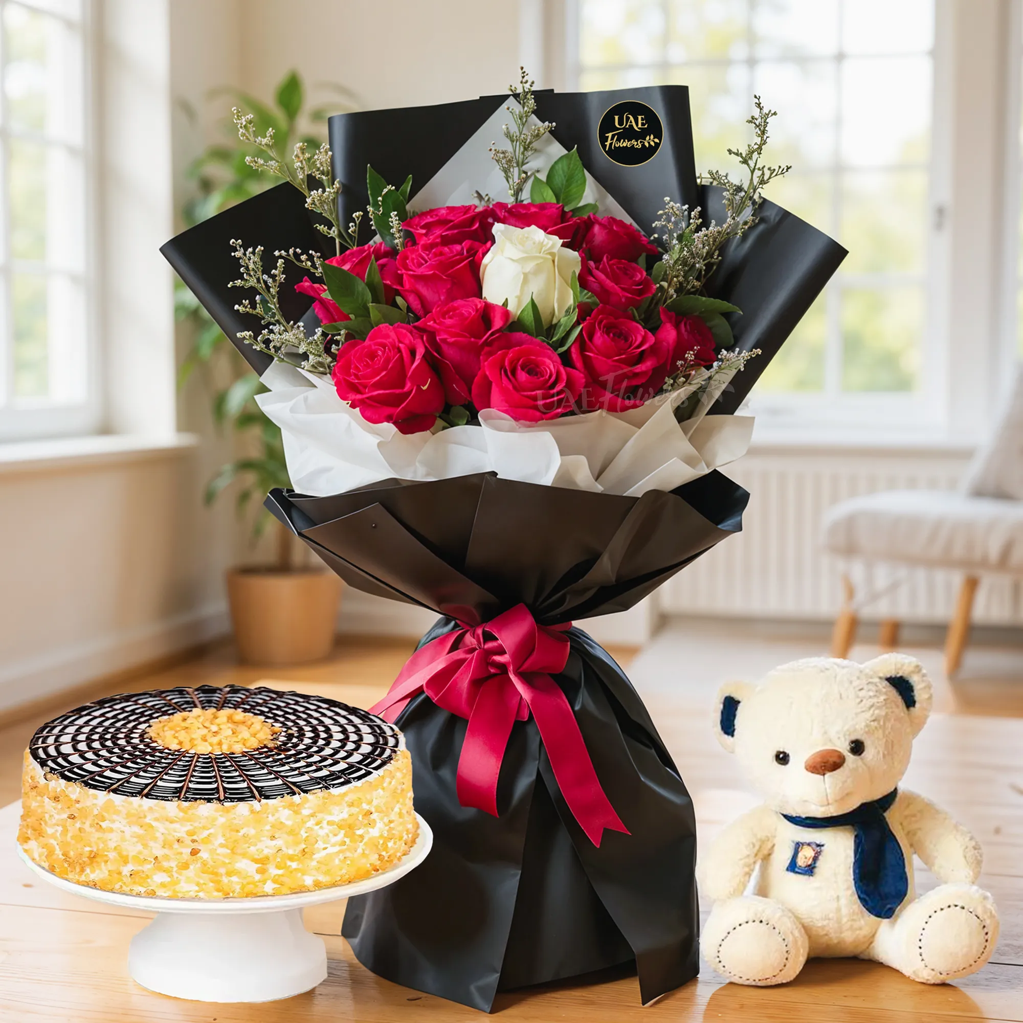 Bouquet of 12 red roses and 1 white rose in center with green fillers in nice paper packing with ribbons, 1 kg fruit cake and a small white teddy bear.