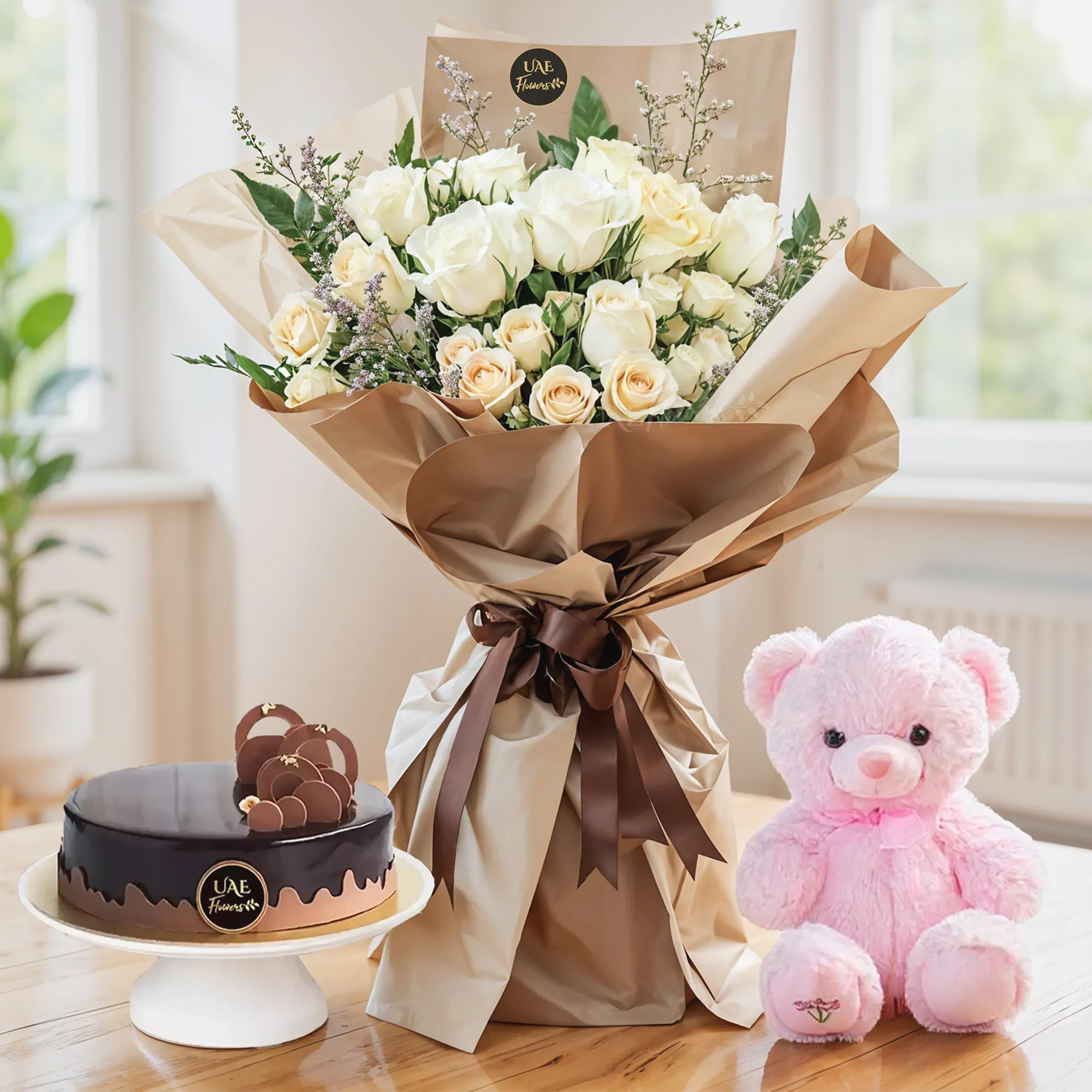 Bouquet of 8 white and peach roses and 2 peach spray roses with green fillers in nice wrapping, 1 kg chocolate cake and a small pink teddy bear.