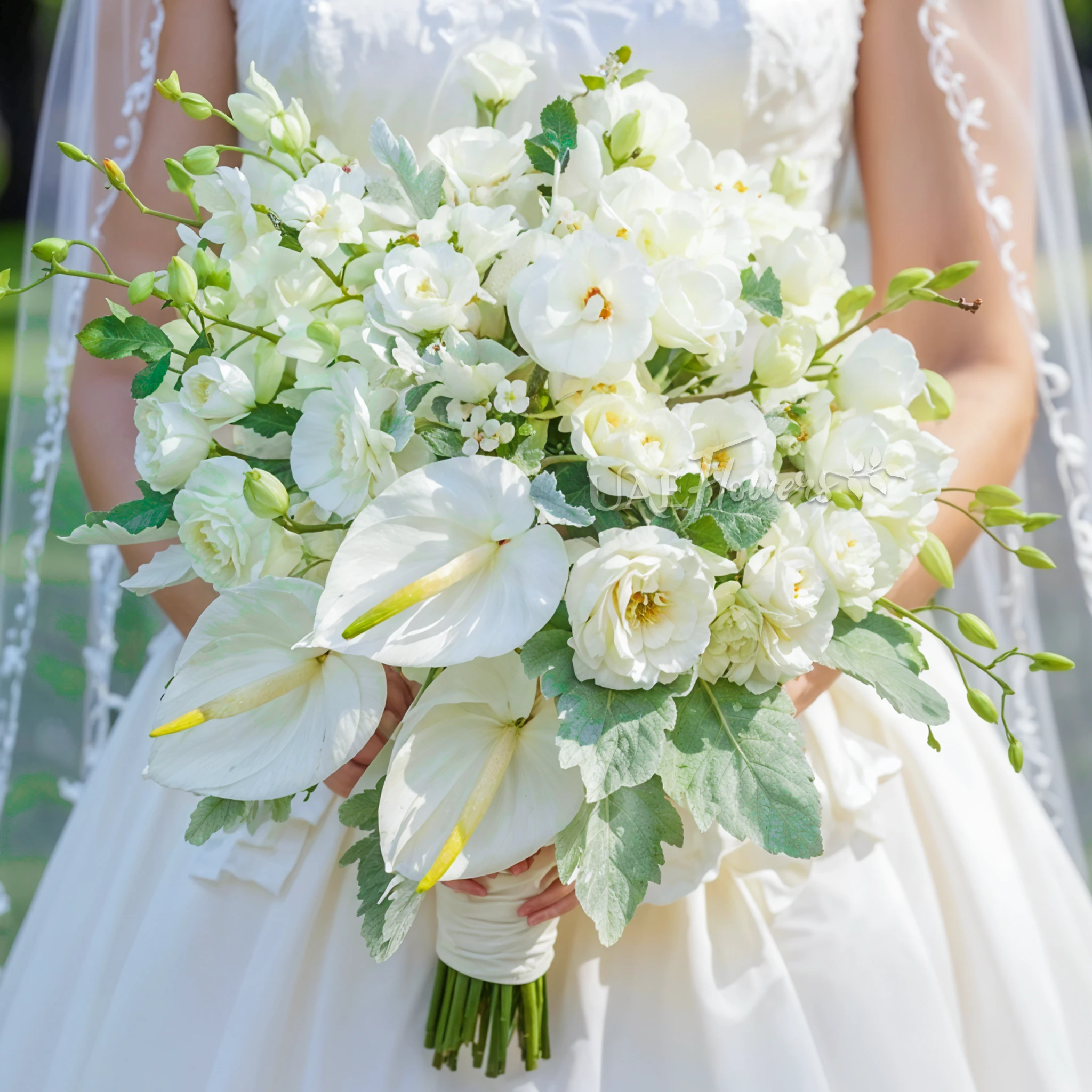 Bridal hand-tied bouquet of 10 white orchids, 3 white anthuriams, 5 white lisianthus and 10 white ranunculus.