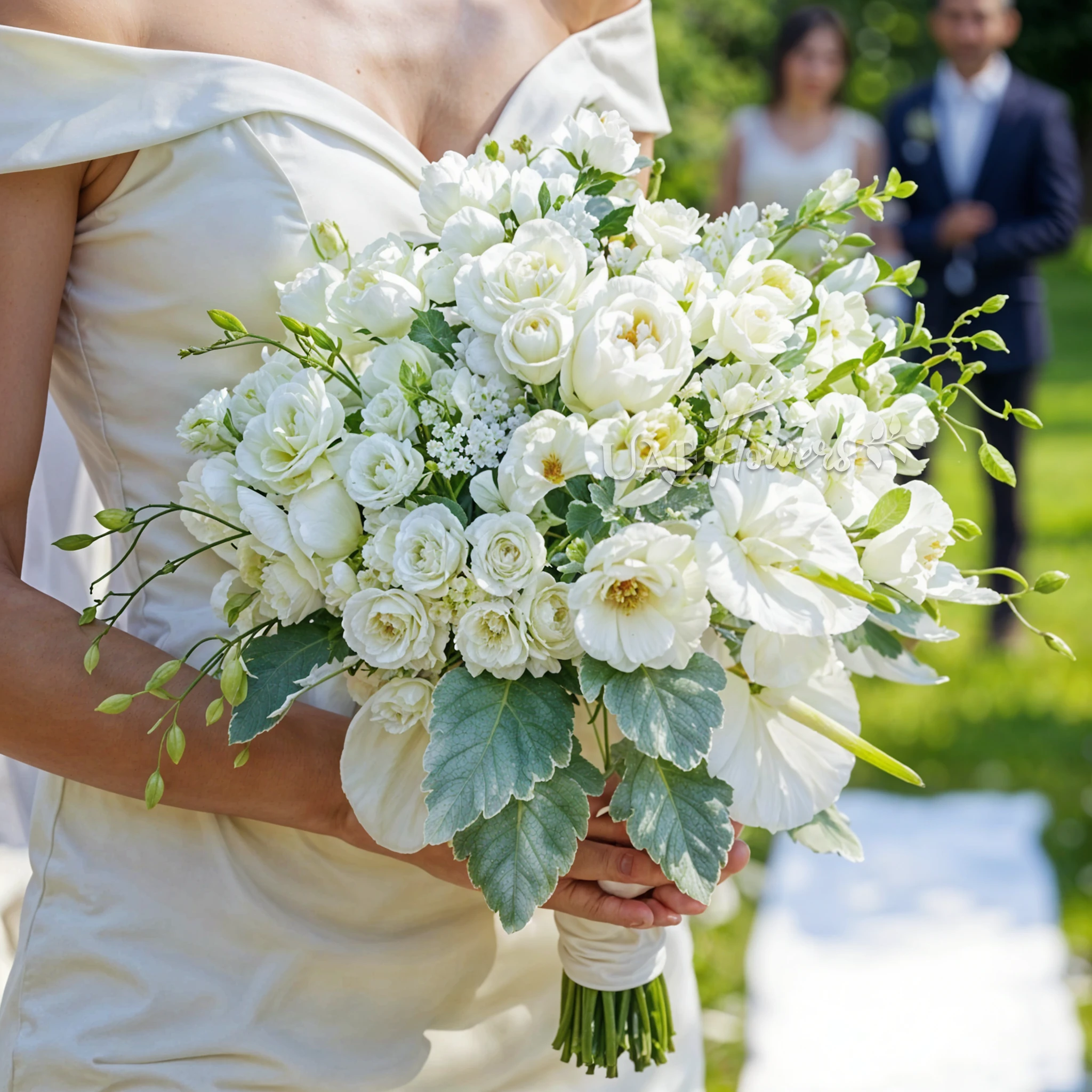 Bridal hand-tied bouquet of 10 white orchids, 3 white anthuriams, 5 white lisianthus and 10 white ranunculus.