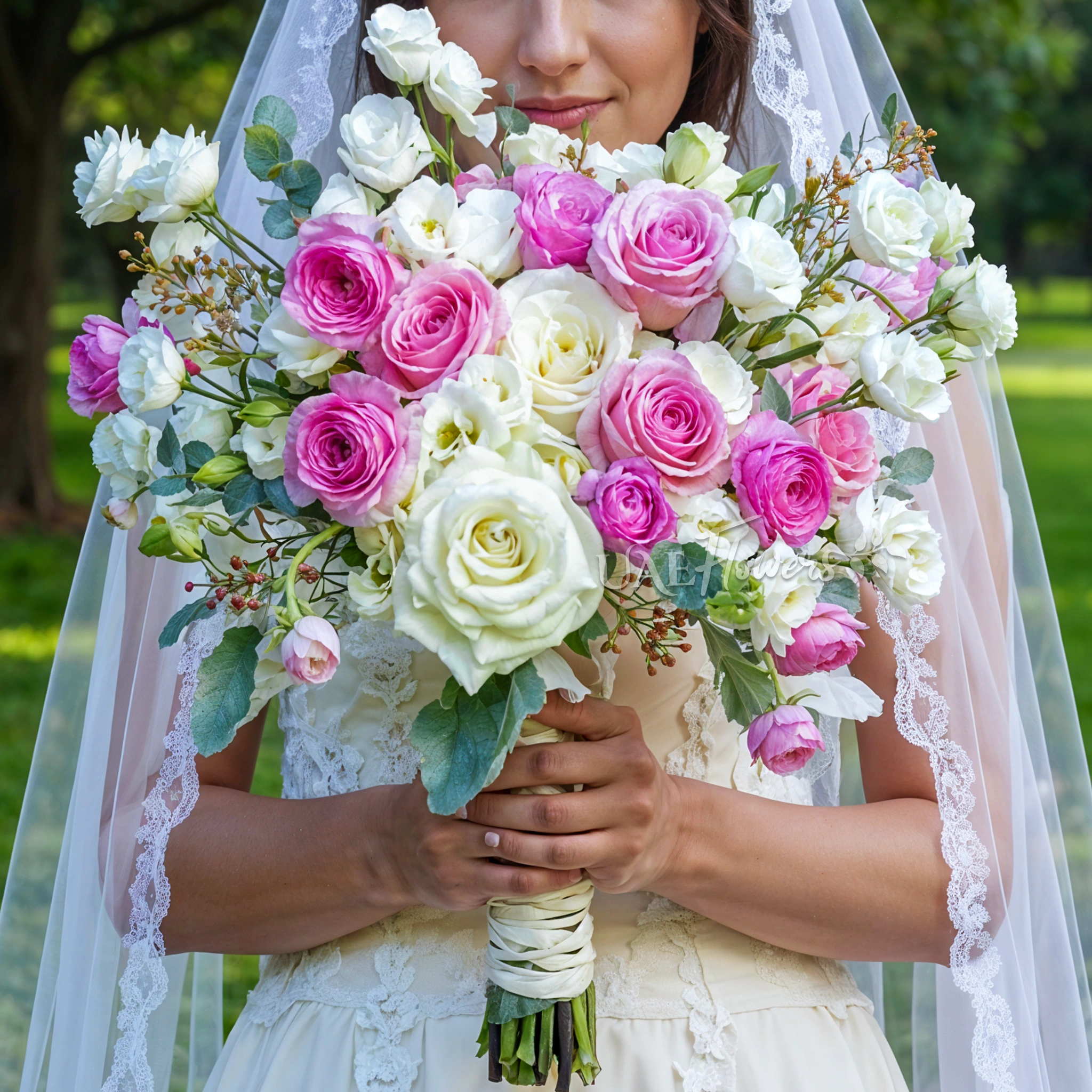 Bridal hand-tied bouquet of 10 white lisianthus, 5 pink ranunculus, 12 pink and white roses and wax flowers with greens.