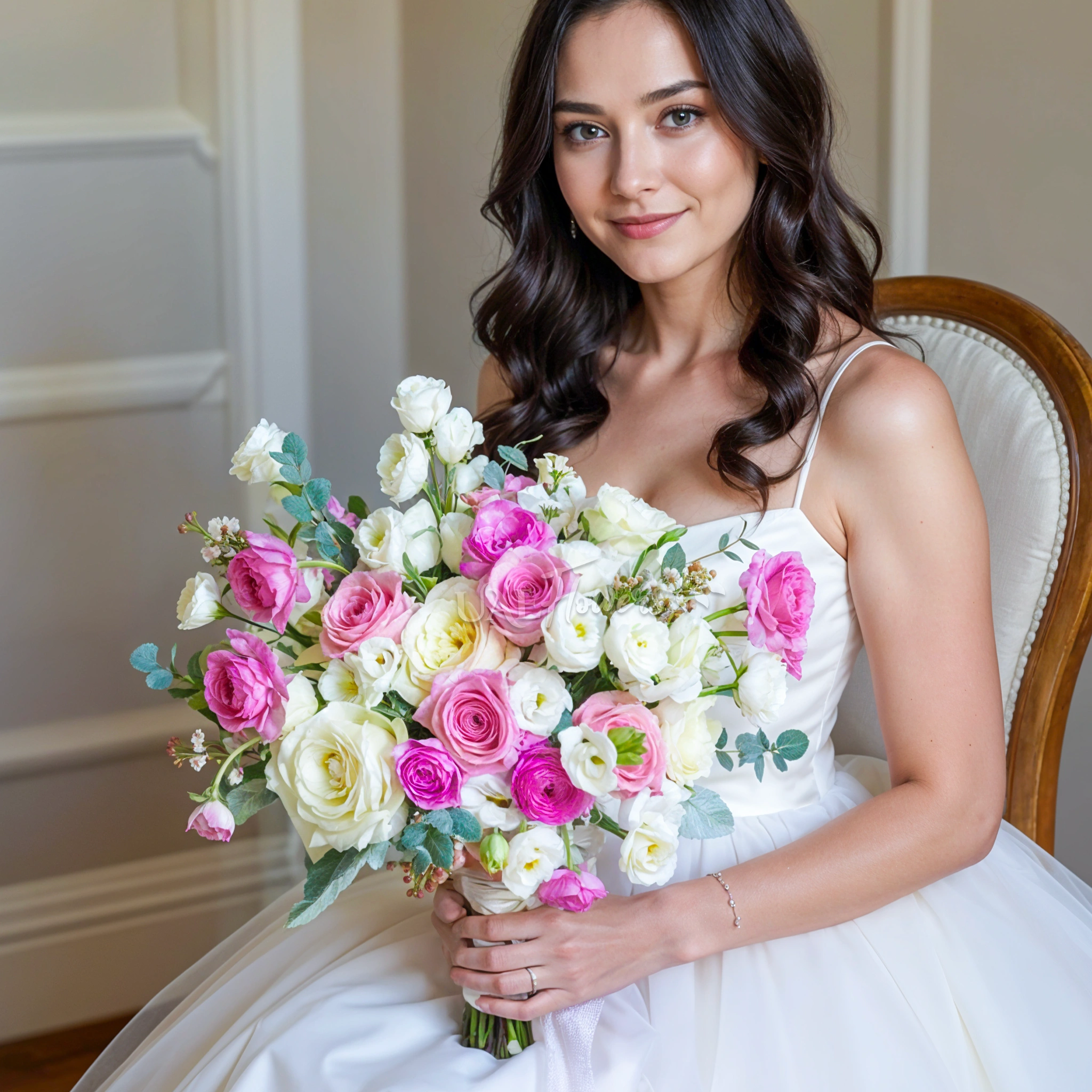 Bridal hand-tied bouquet of 10 white lisianthus, 5 pink ranunculus, 12 pink and white roses and wax flowers with greens.