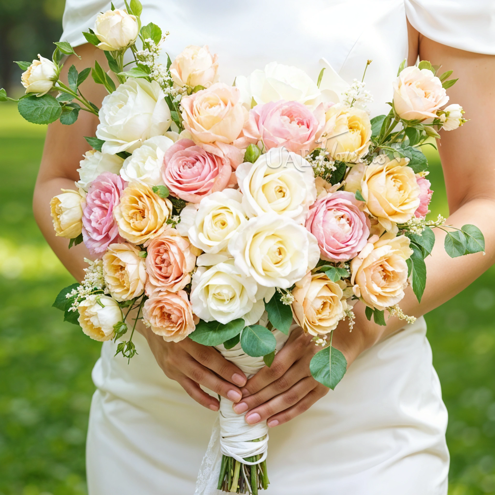 Bridal hand-tied bouquet of 12 creme roses, 5 julliete spray roses and astible fillers with greens.