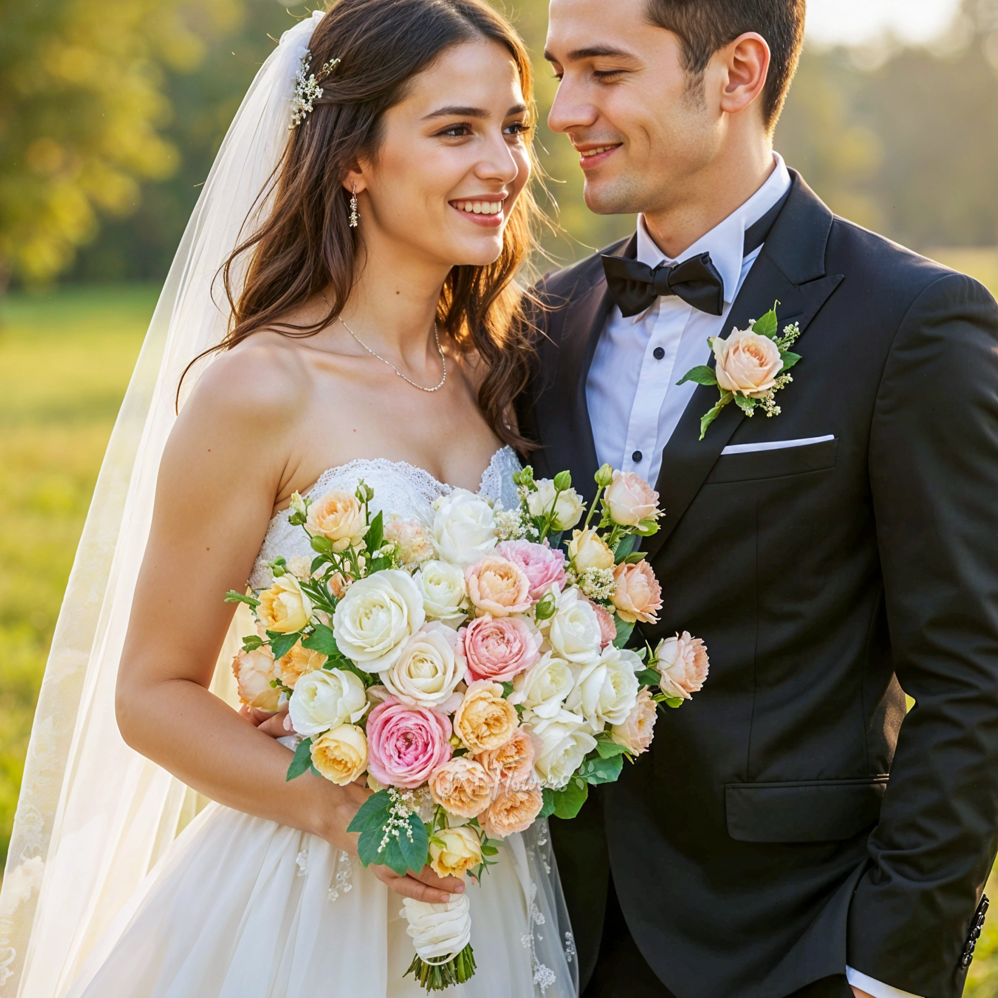 Bridal hand-tied bouquet of 12 creme roses, 5 julliete spray roses and astible fillers with greens.