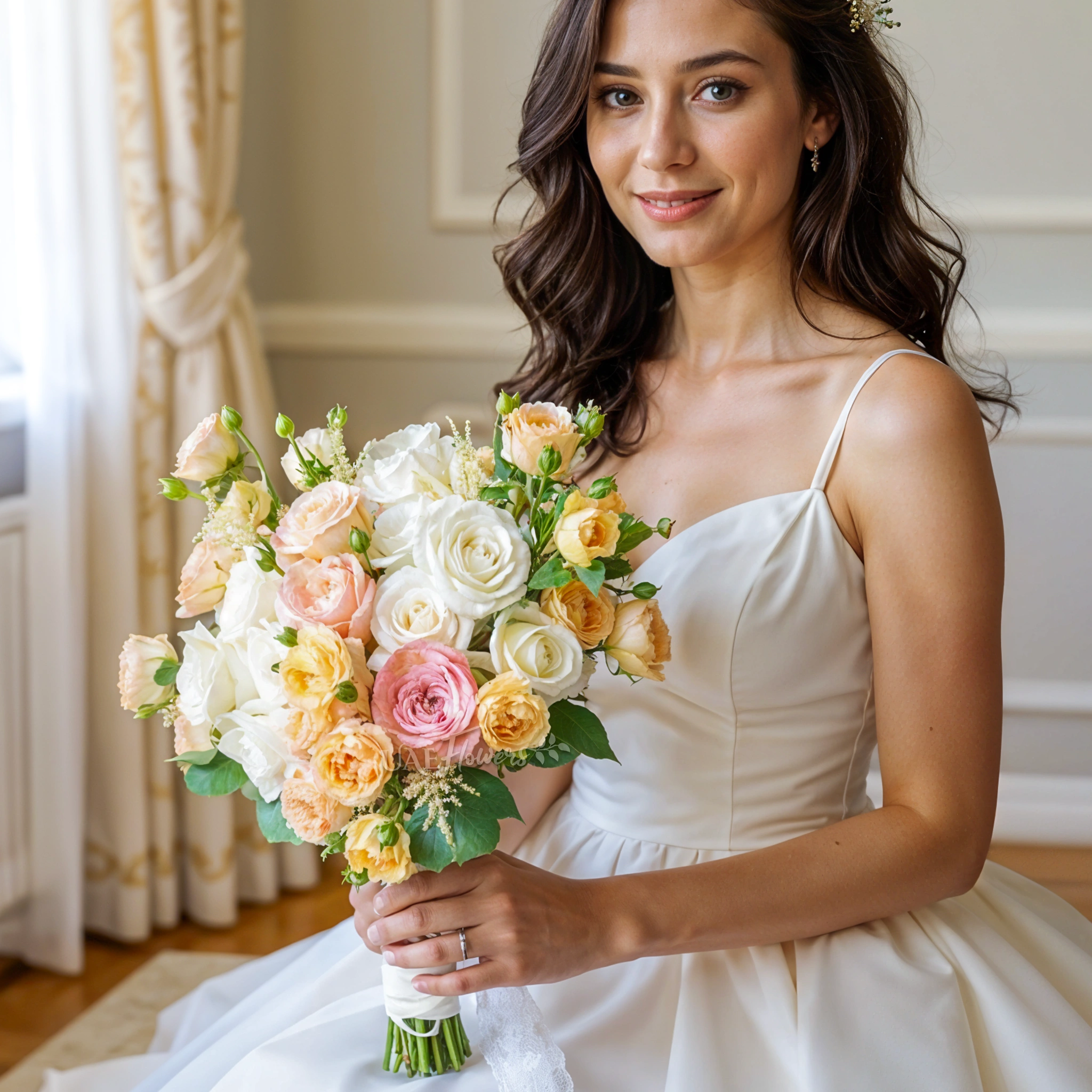 Bridal hand-tied bouquet of 12 creme roses, 5 julliete spray roses and astible fillers with greens.