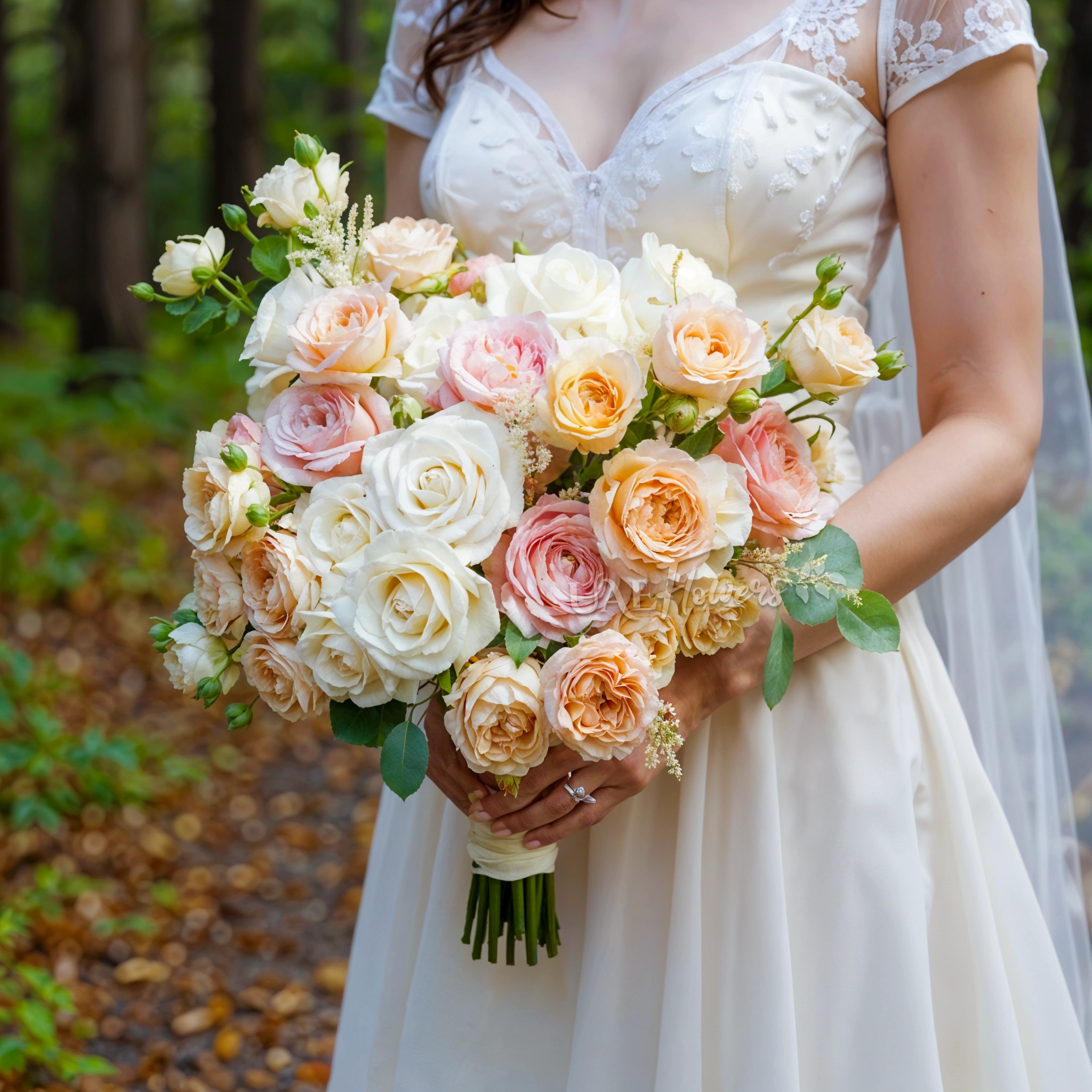 Bridal hand-tied bouquet of 12 creme roses, 5 julliete spray roses and astible fillers with greens.