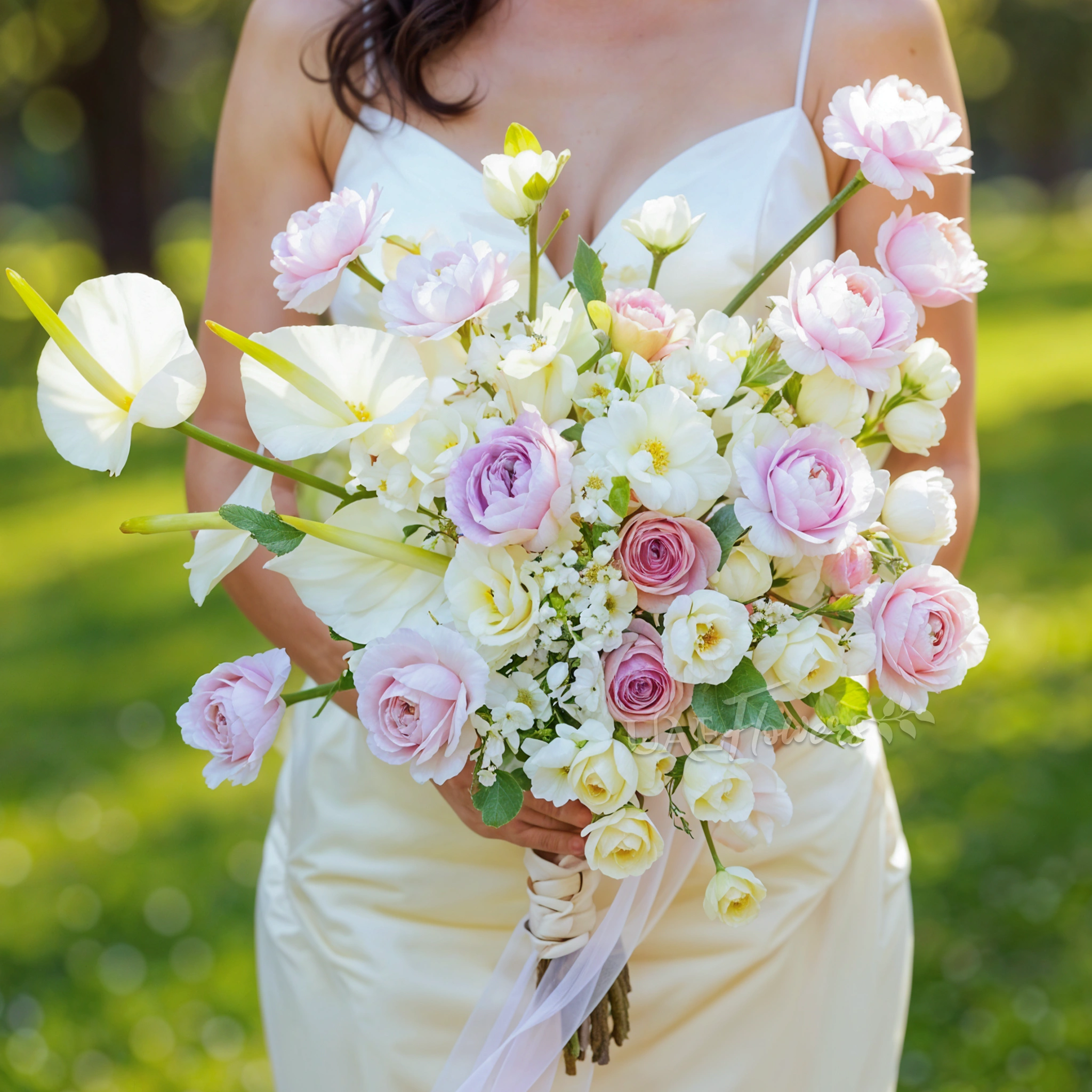 Bridal hand-tied bouquet of 4 white anthurium, 10 pink ranunculus, 10 white lisianthius, 5 purple roses, 3 white oxypetelum and dusty miller with greens.