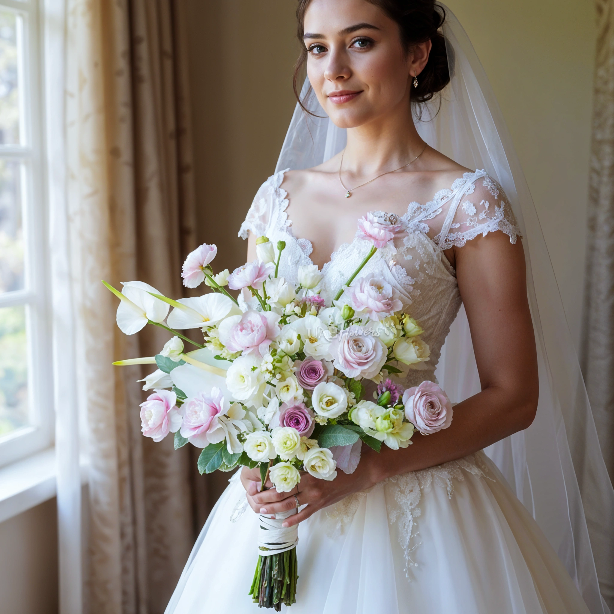 Bridal hand-tied bouquet of 4 white anthurium, 10 pink ranunculus, 10 white lisianthius, 5 purple roses, 3 white oxypetelum and dusty miller with greens.