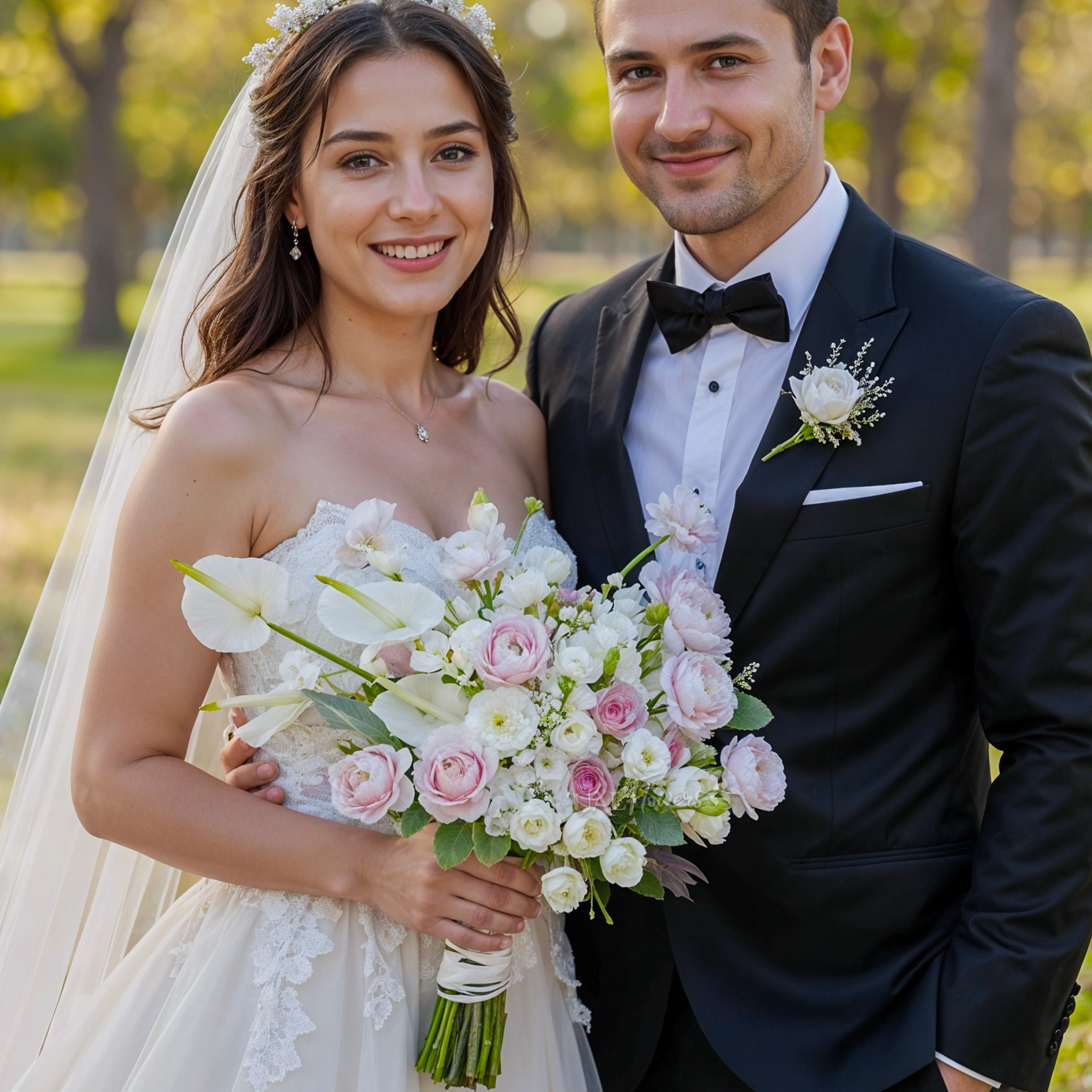 Bridal hand-tied bouquet of 4 white anthurium, 10 pink ranunculus, 10 white lisianthius, 5 purple roses, 3 white oxypetelum and dusty miller with greens.