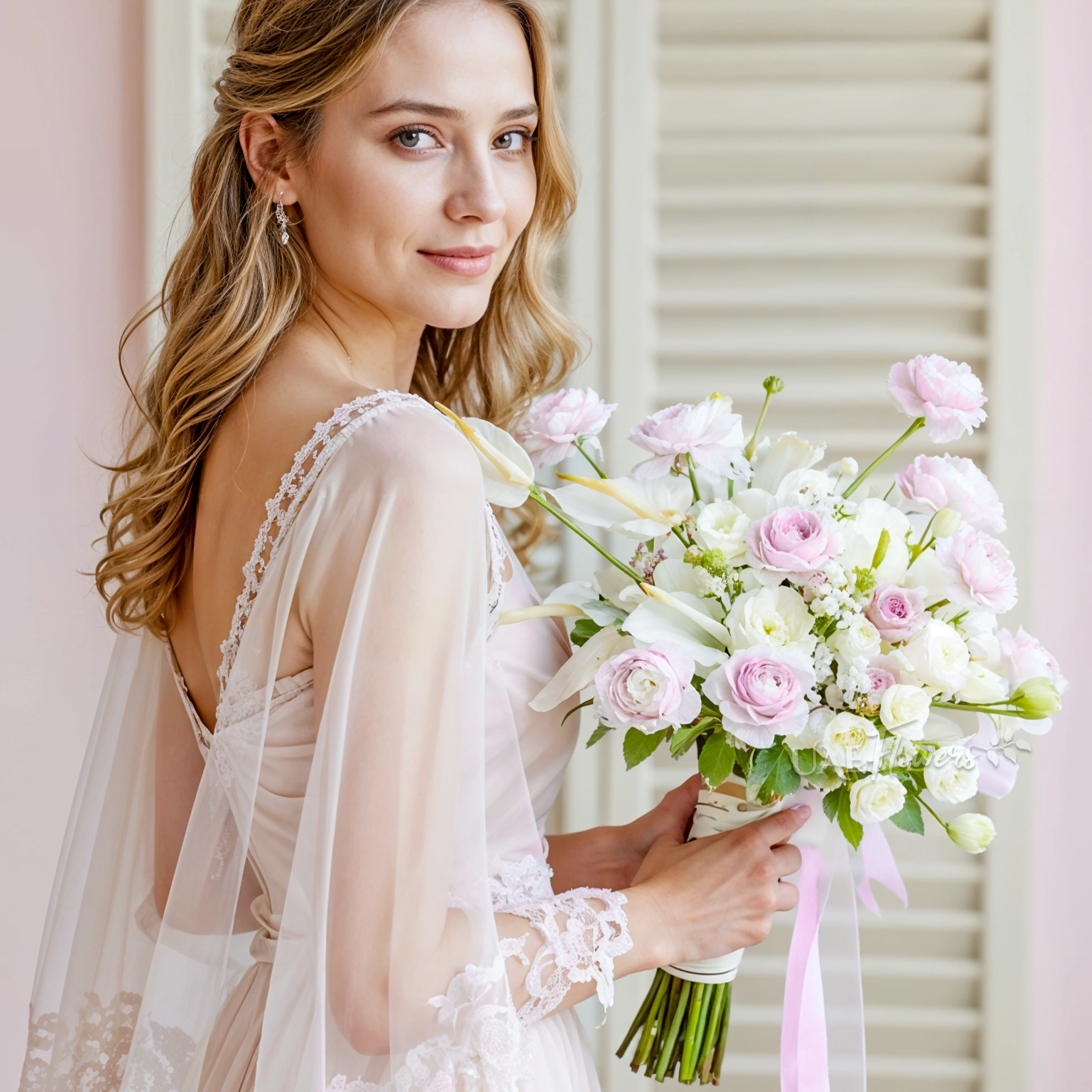 Bridal hand-tied bouquet of 4 white anthurium, 10 pink ranunculus, 10 white lisianthius, 5 purple roses, 3 white oxypetelum and dusty miller with greens.