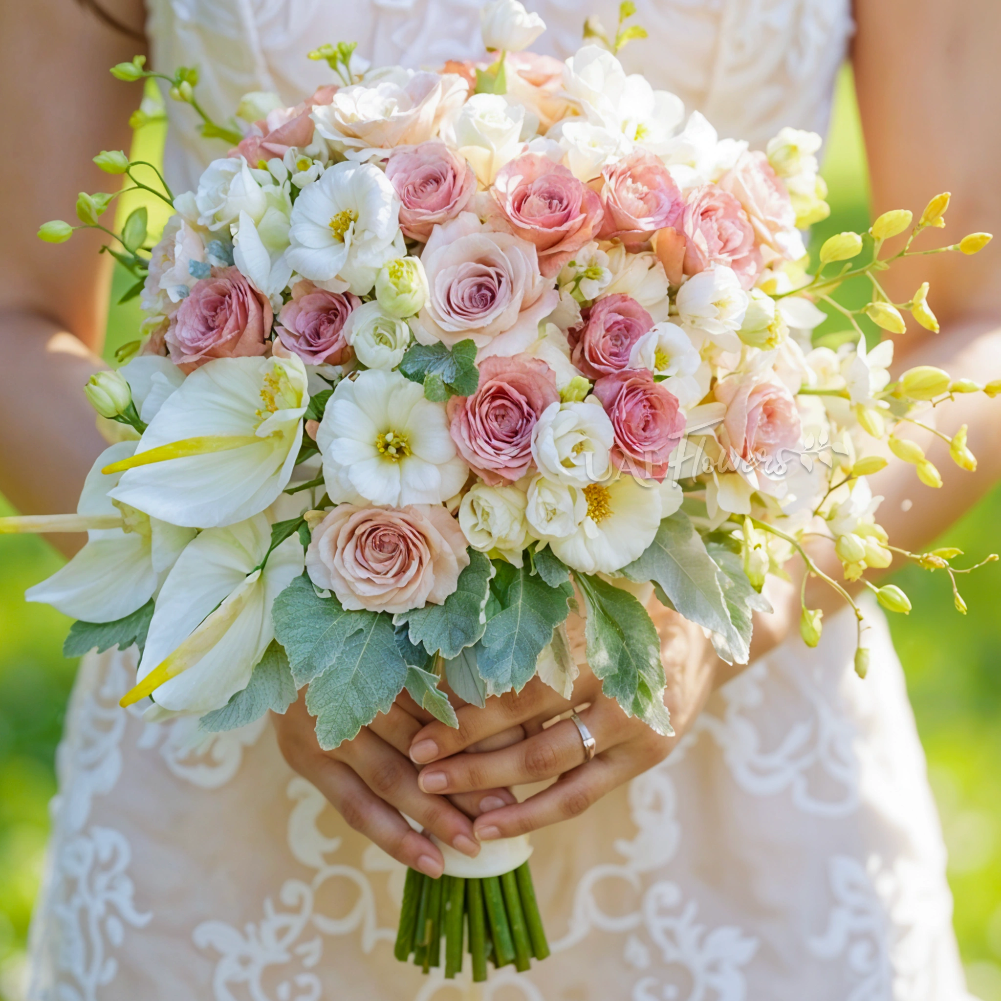 Bridal hand-tied bouquet of 20 cappuccino roses, 10 white orchids, 3 white anthurium, 10 white lisianthus, 3 oxypetalum with greens.