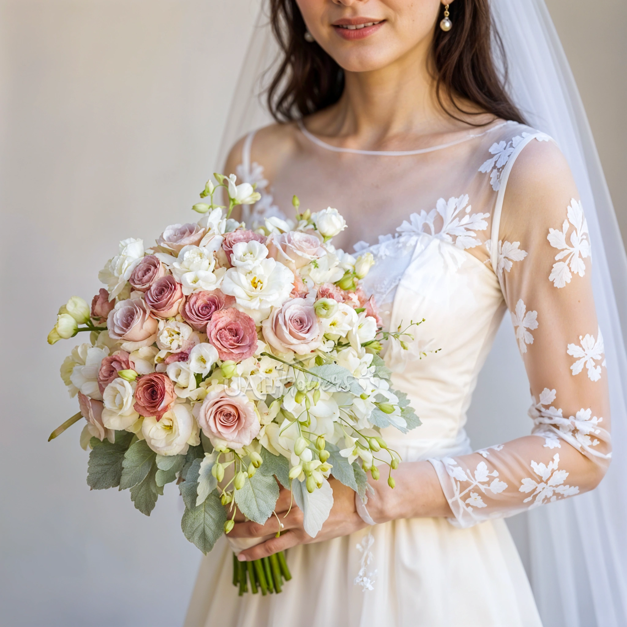 Bridal hand-tied bouquet of 20 cappuccino roses, 10 white orchids, 3 white anthurium, 10 white lisianthus, 3 oxypetalum with greens.