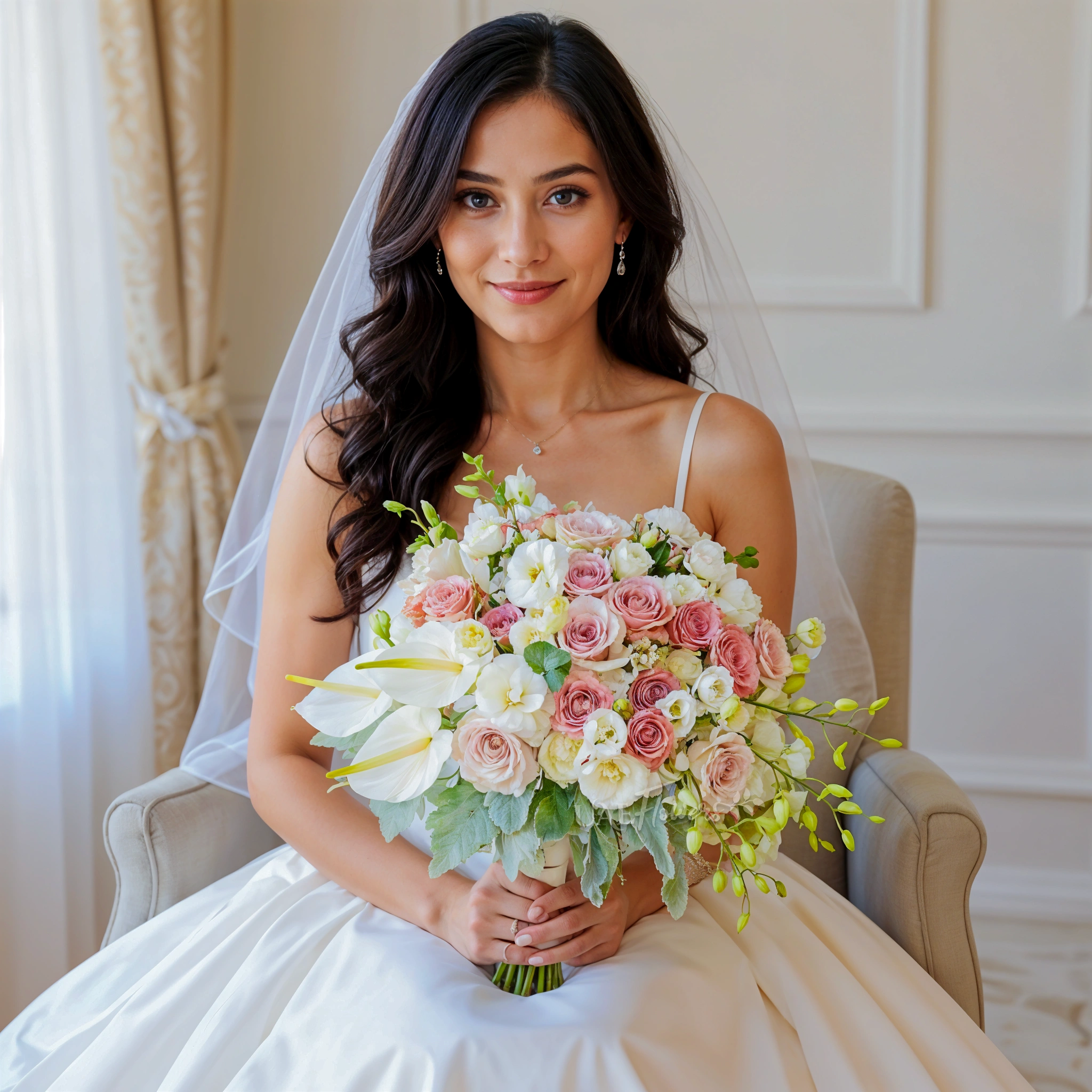 Bridal hand-tied bouquet of 20 cappuccino roses, 10 white orchids, 3 white anthurium, 10 white lisianthus, 3 oxypetalum with greens.