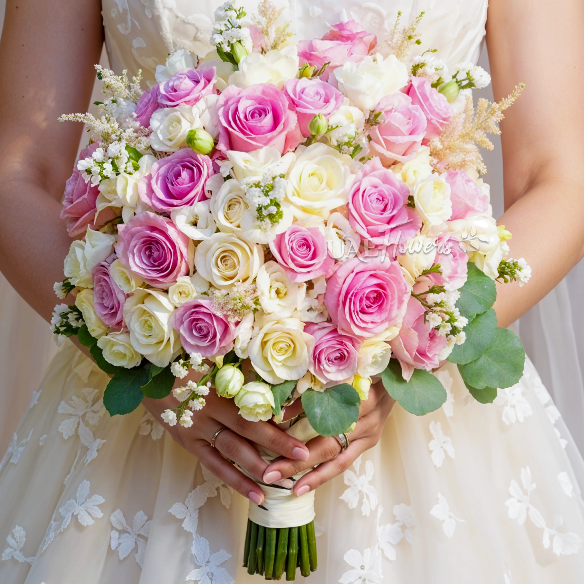 Bridal hand-tied bouquet of 30 pink and white roses, 10 white lisianthus and astible fillers with greens.