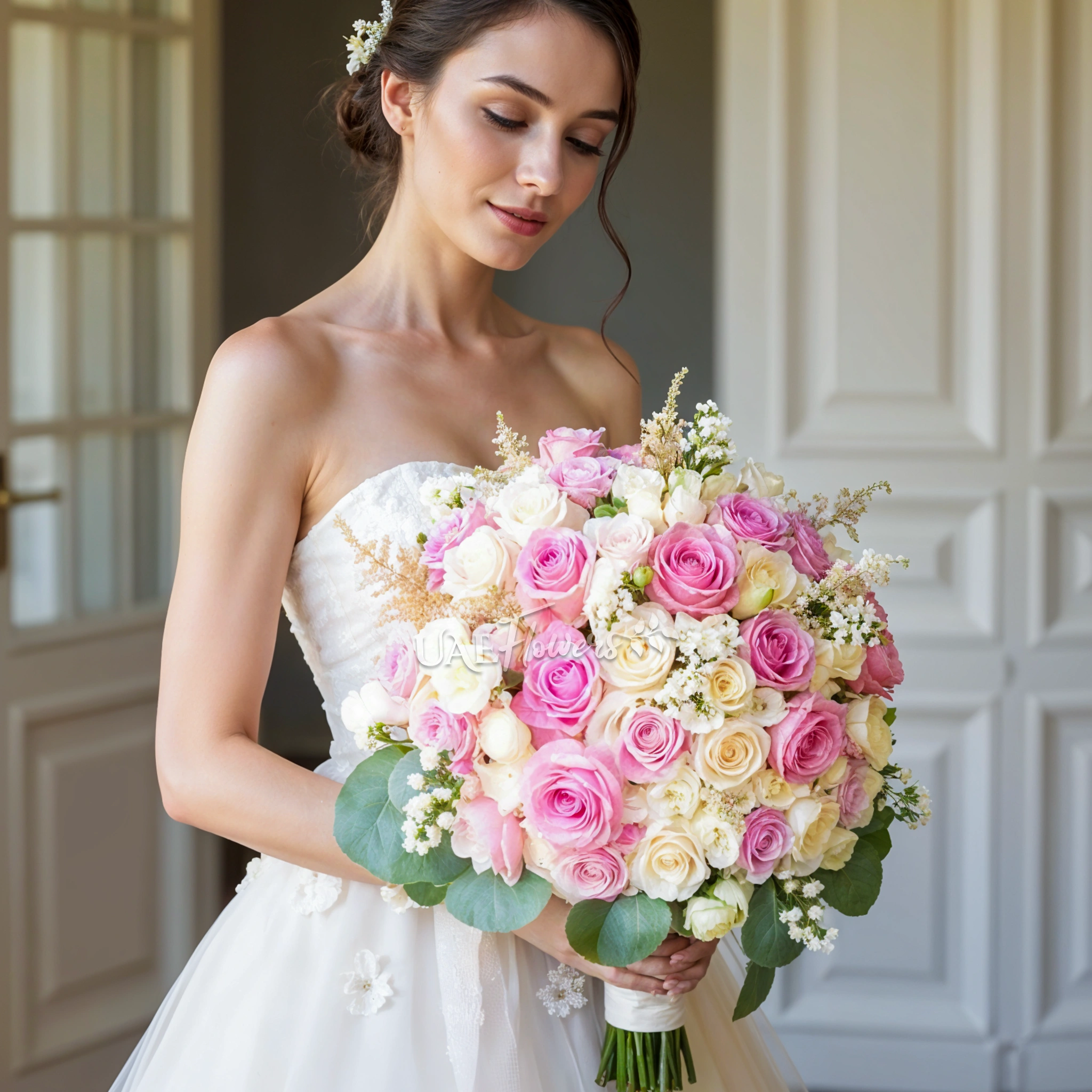 Bridal hand-tied bouquet of 30 pink and white roses, 10 white lisianthus and astible fillers with greens.