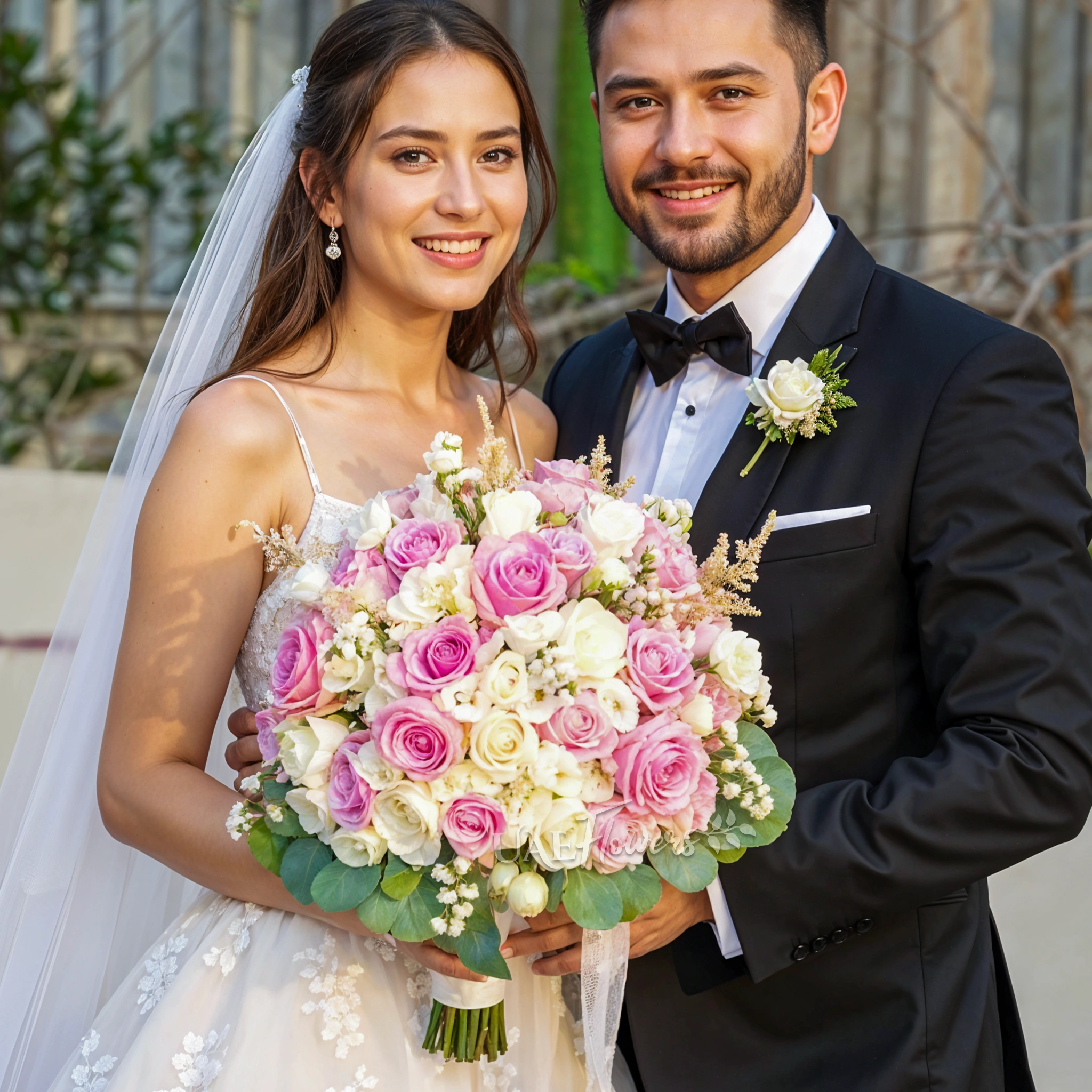 Bridal hand-tied bouquet of 30 pink and white roses, 10 white lisianthus and astible fillers with greens.