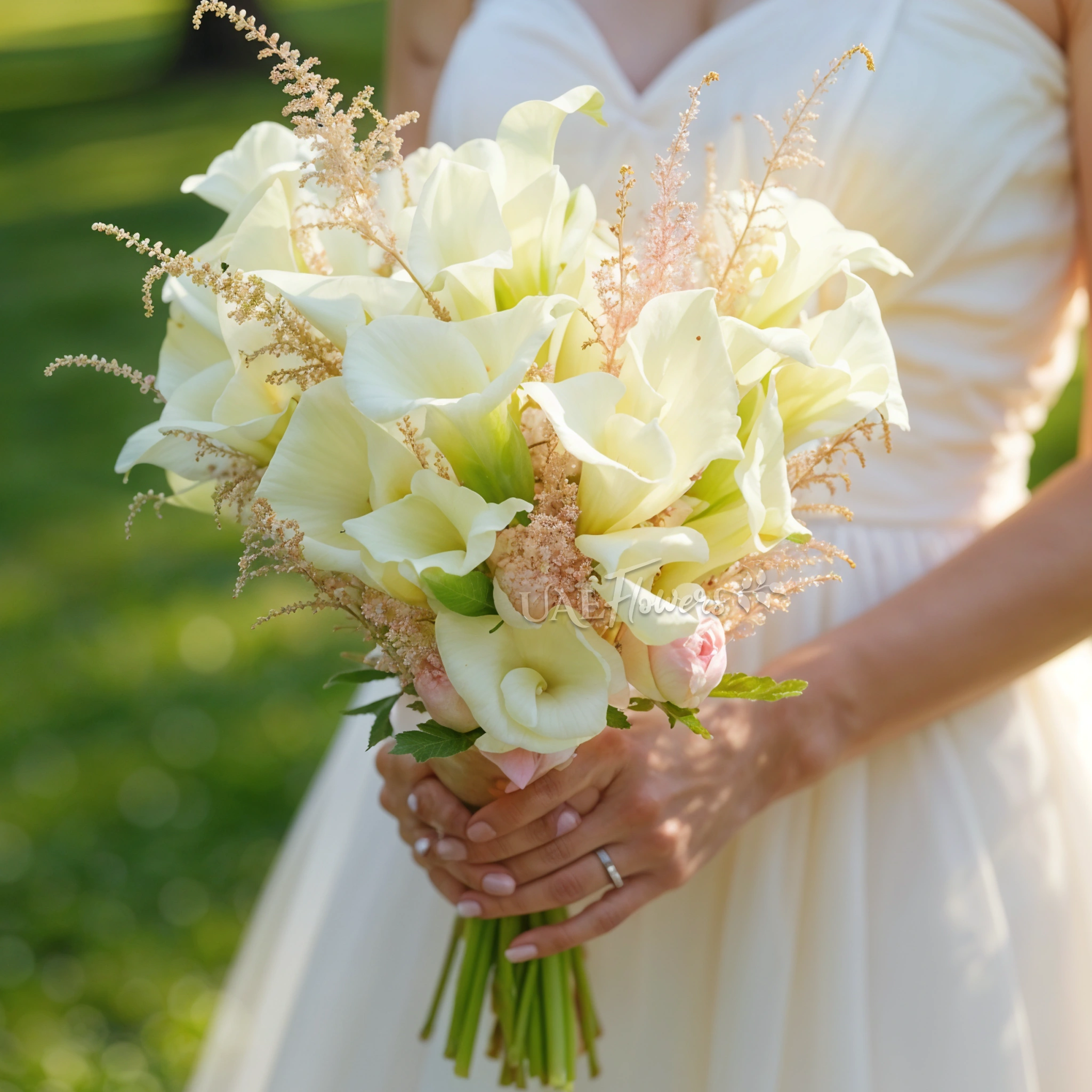 Bridal hand-tied bouquet of 25 white calla lilies and pink astible fillers.