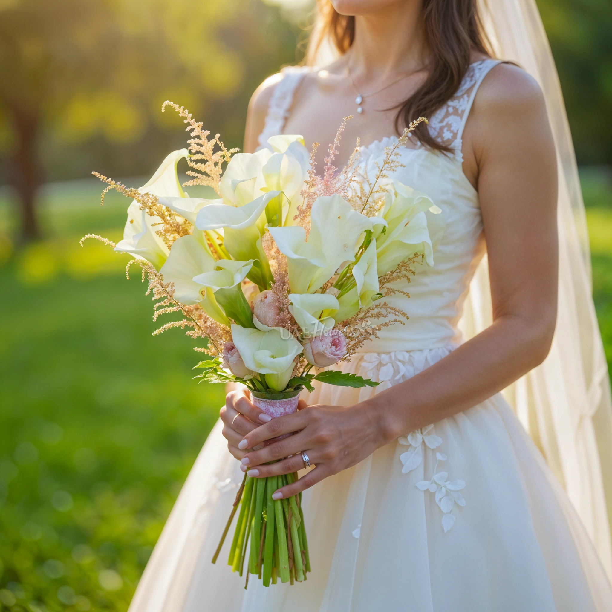 Bridal hand-tied bouquet of 25 white calla lilies and pink astible fillers.