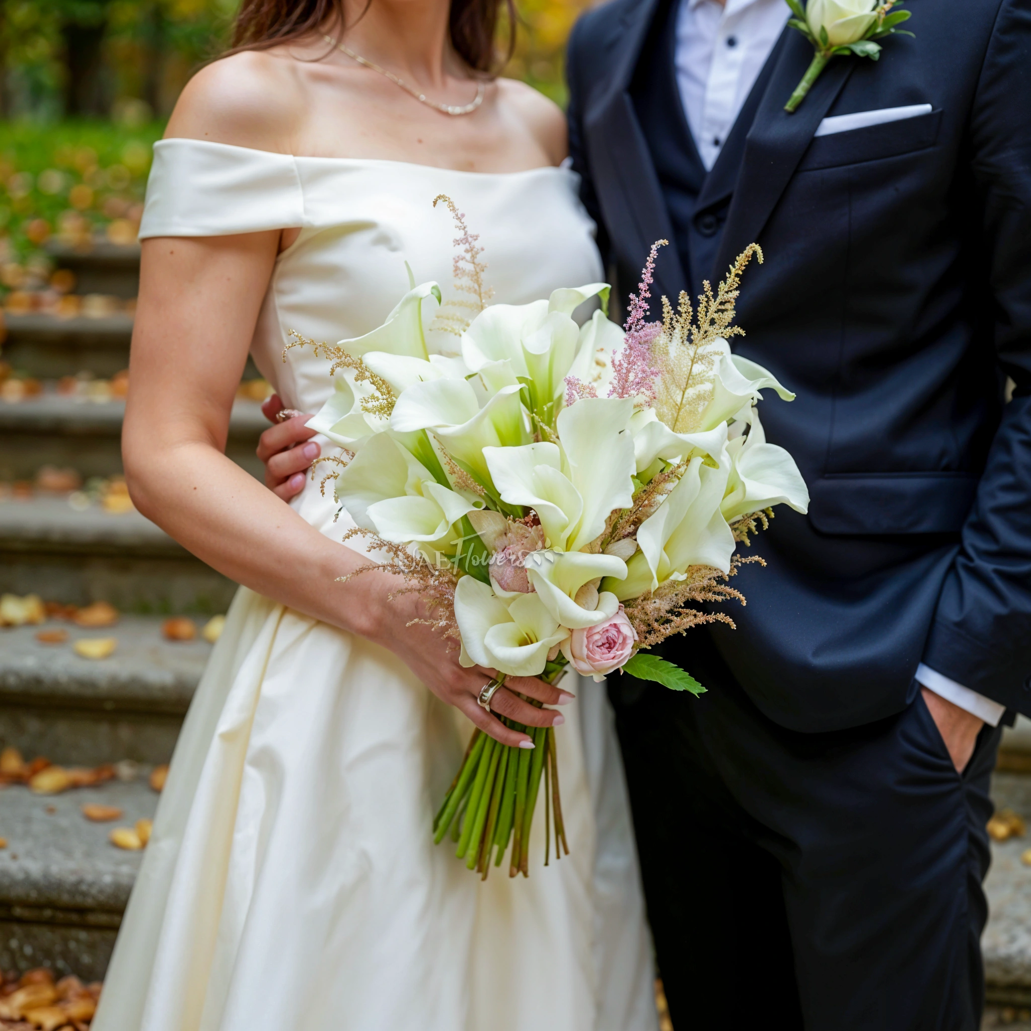 Bridal hand-tied bouquet of 25 white calla lilies and pink astible fillers.