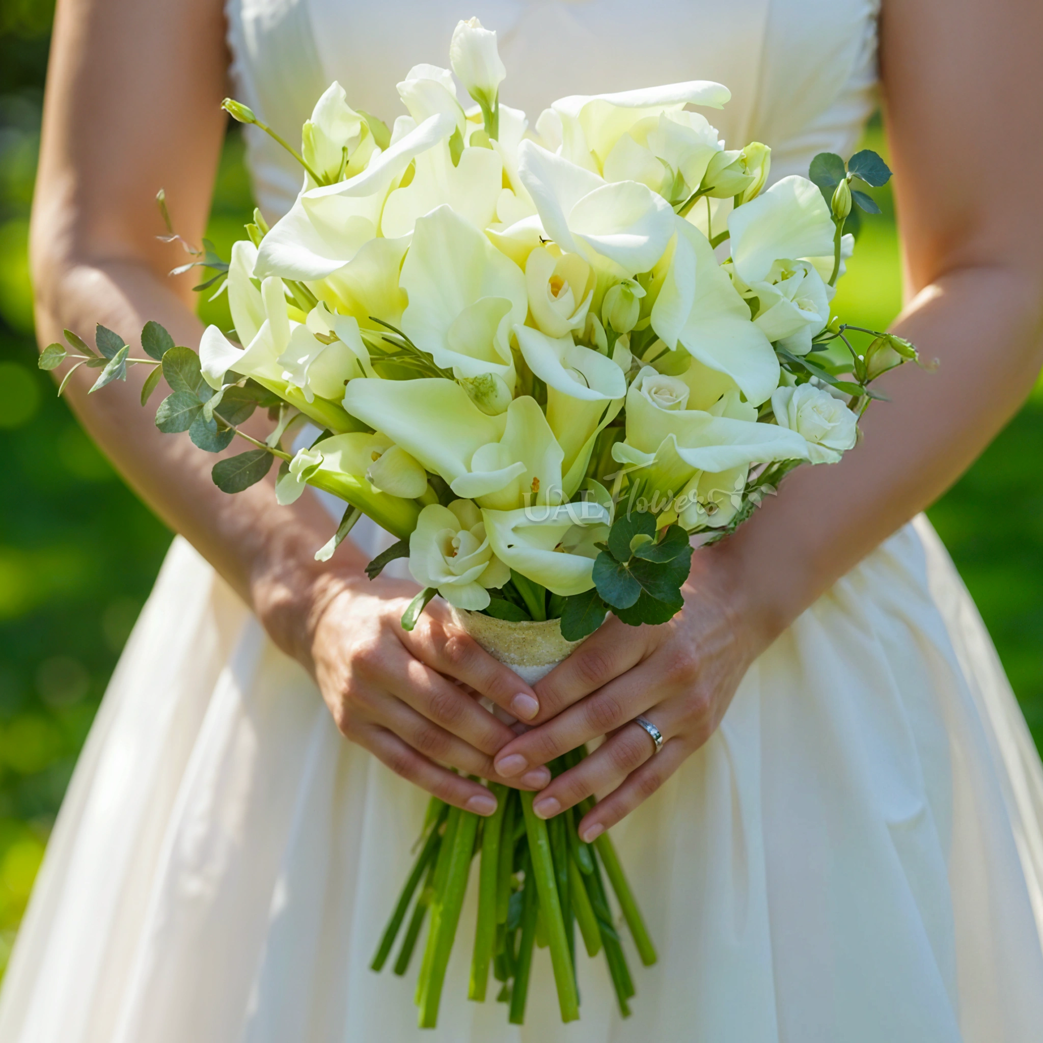 Bridal hand-tied bouquet of 20 white calla lilies and 10 white lisianthus with greens.