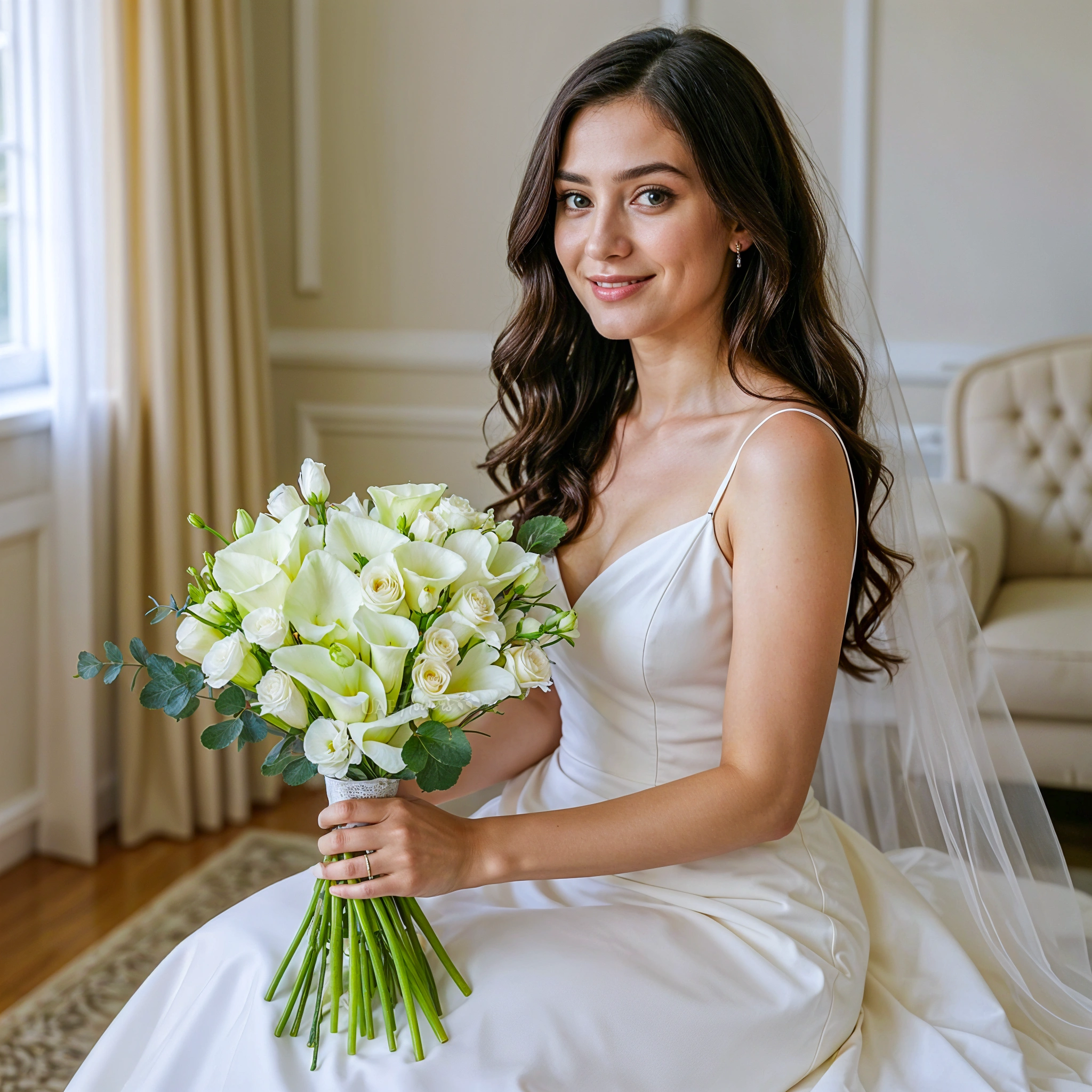 Bridal hand-tied bouquet of 20 white calla lilies and 10 white lisianthus with greens.
