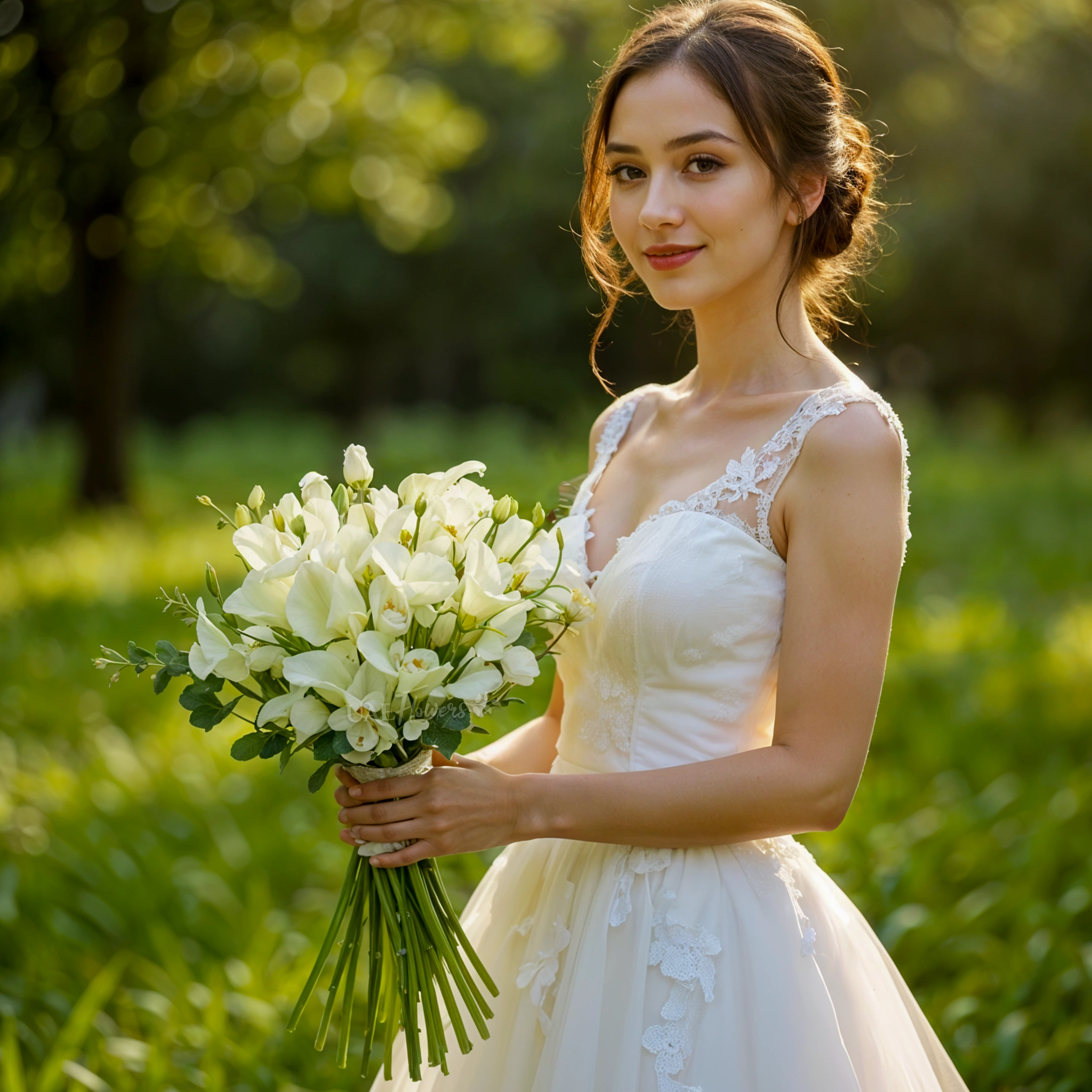 Bridal hand-tied bouquet of 20 white calla lilies and 10 white lisianthus with greens.