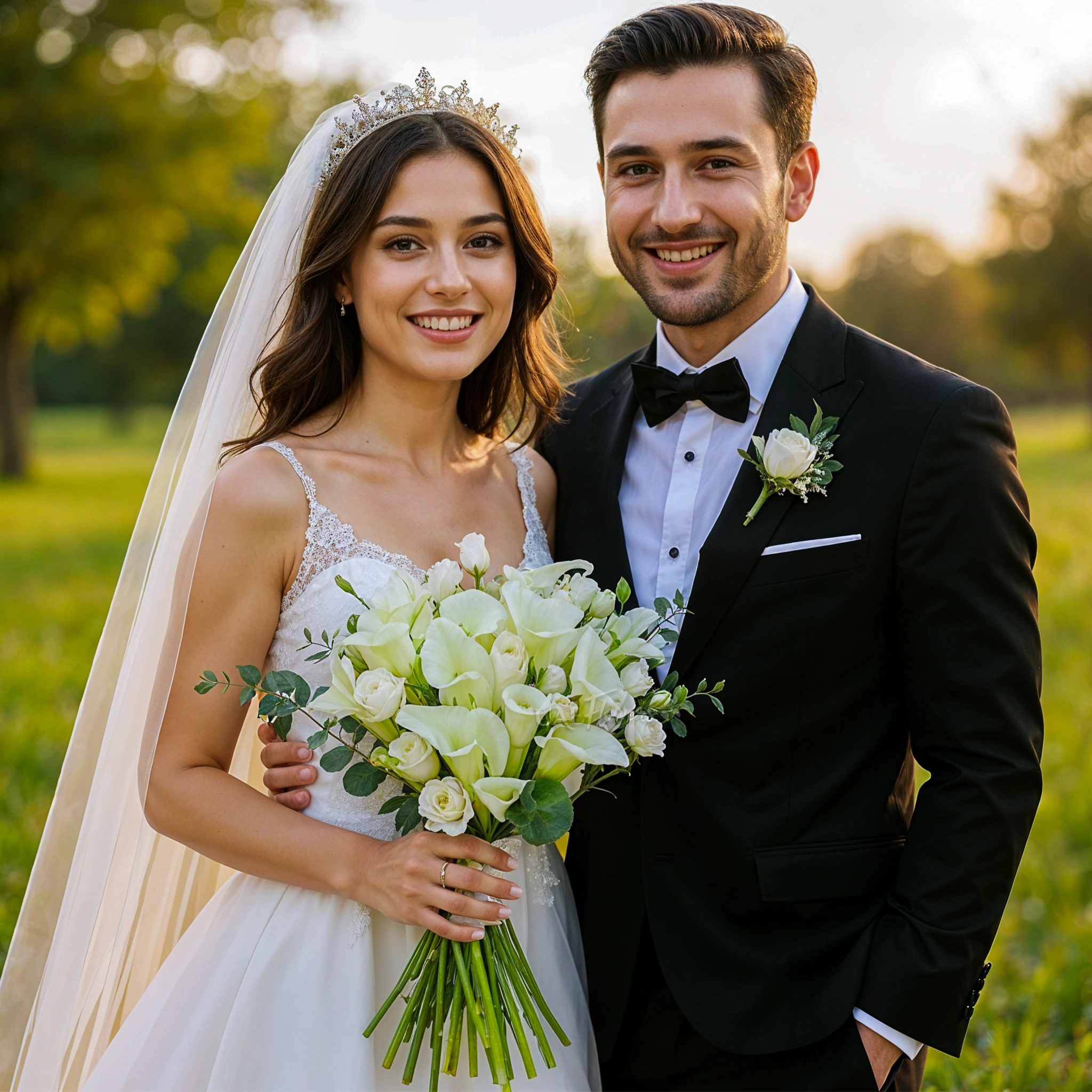 Bridal hand-tied bouquet of 20 white calla lilies and 10 white lisianthus with greens.