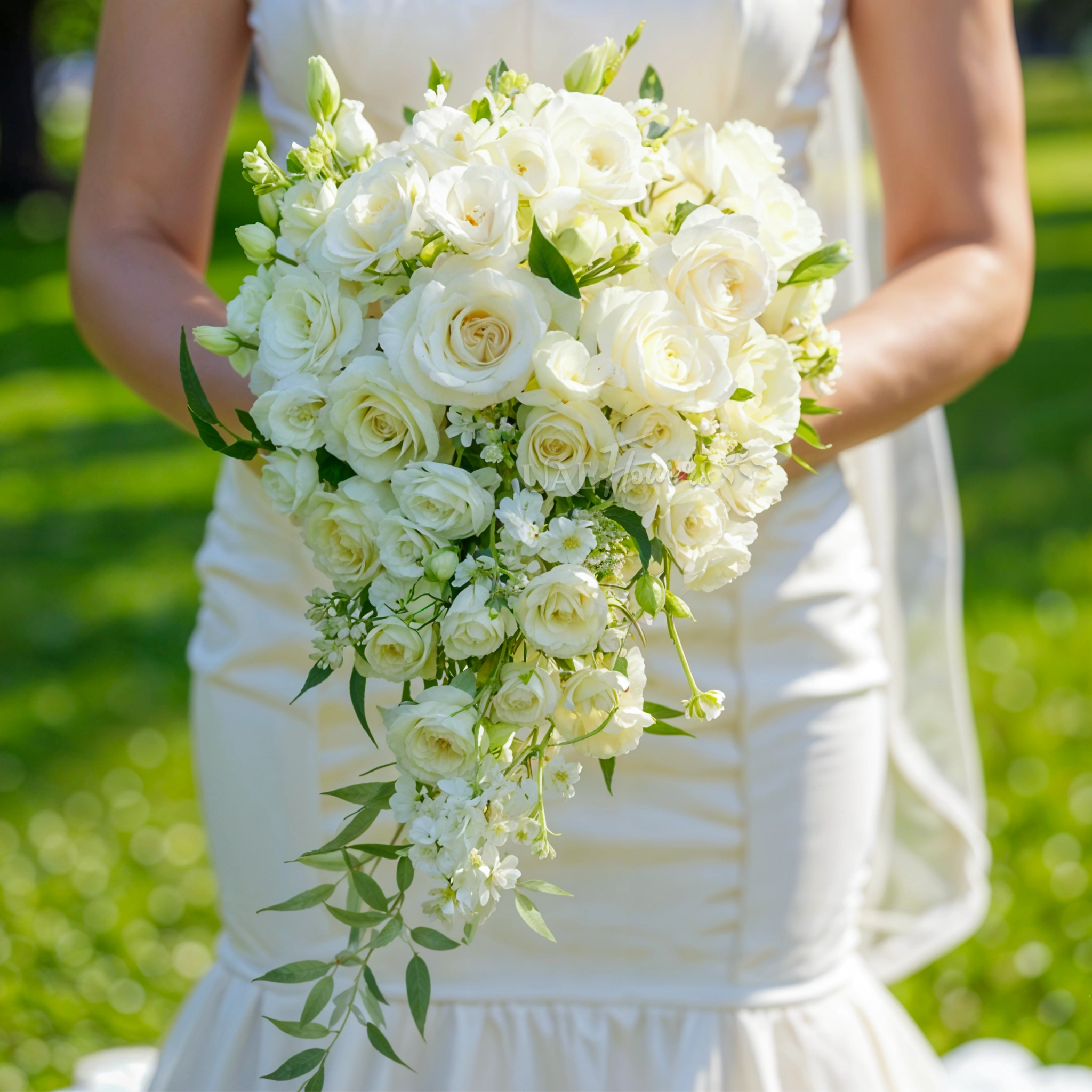 Bridal hand-tied bouquet of 10 white roses, 10 white spray roses, 10 white lisianthus, 10 white mathiola with greens