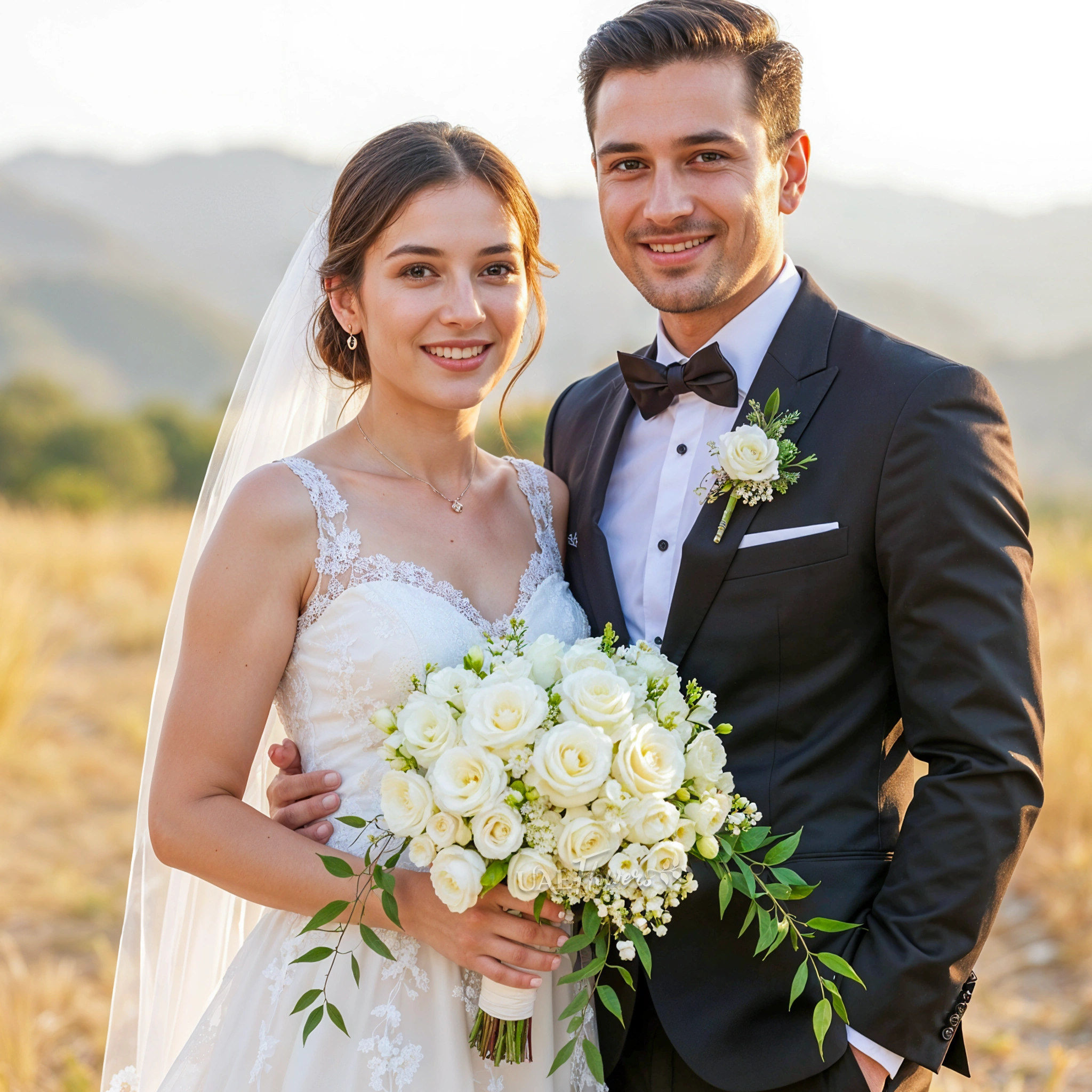 Bridal hand-tied bouquet of 10 white roses, 10 white spray roses, 10 white lisianthus, 10 white mathiola with greens