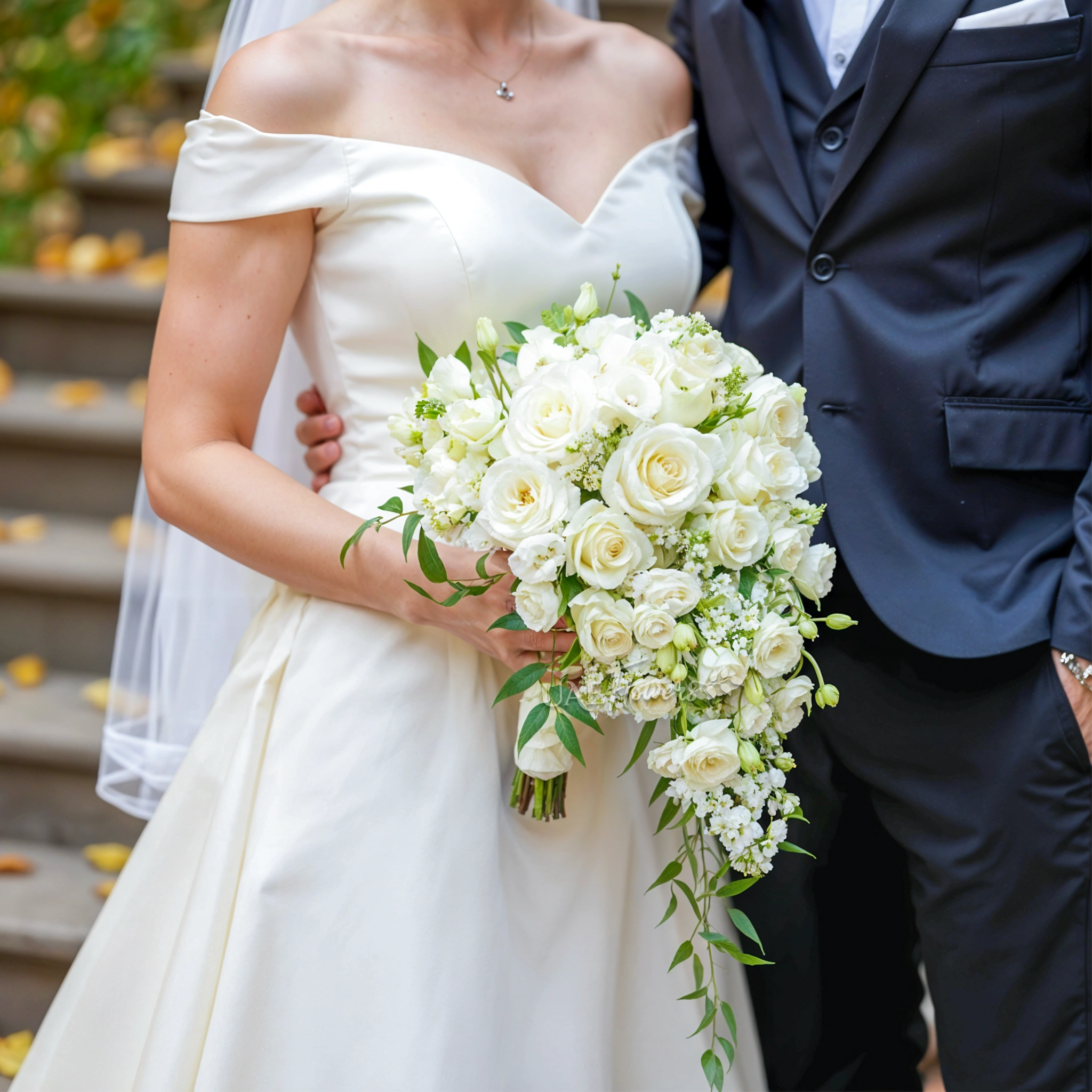 Bridal hand-tied bouquet of 10 white roses, 10 white spray roses, 10 white lisianthus, 10 white mathiola with greens