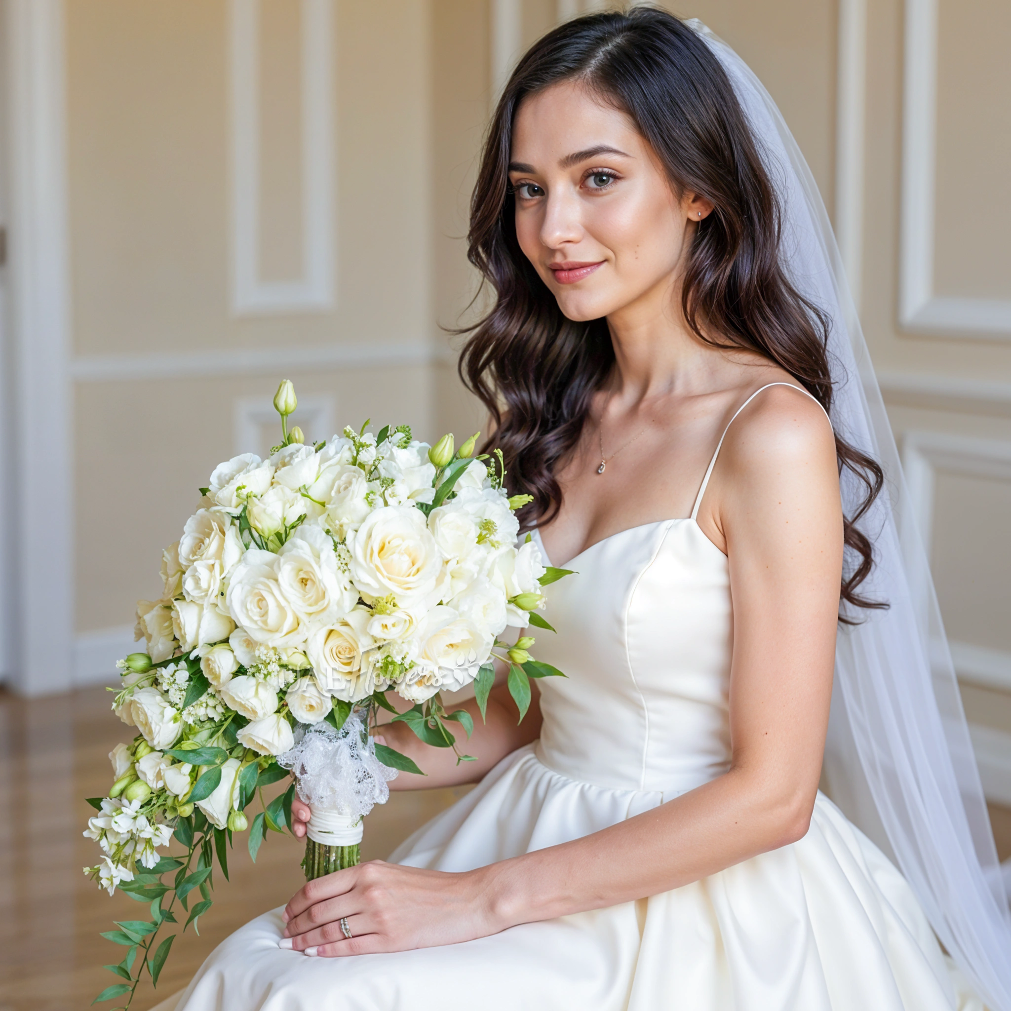 Bridal hand-tied bouquet of 10 white roses, 10 white spray roses, 10 white lisianthus, 10 white mathiola with greens