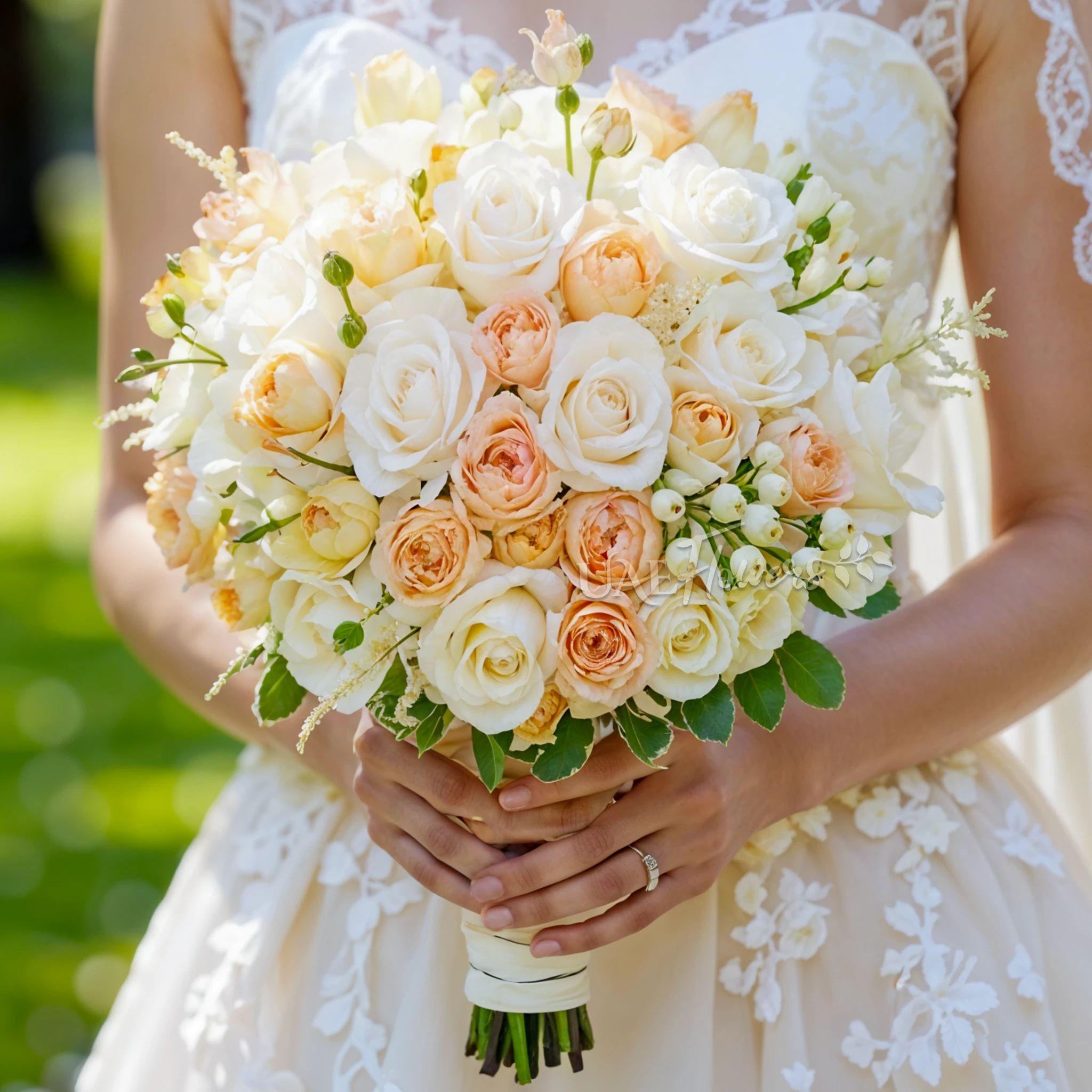 Bridal hand-tied bouquet of 20 creme roses, 10 Juliette spray roses, 6 hypericum and astible fillers.