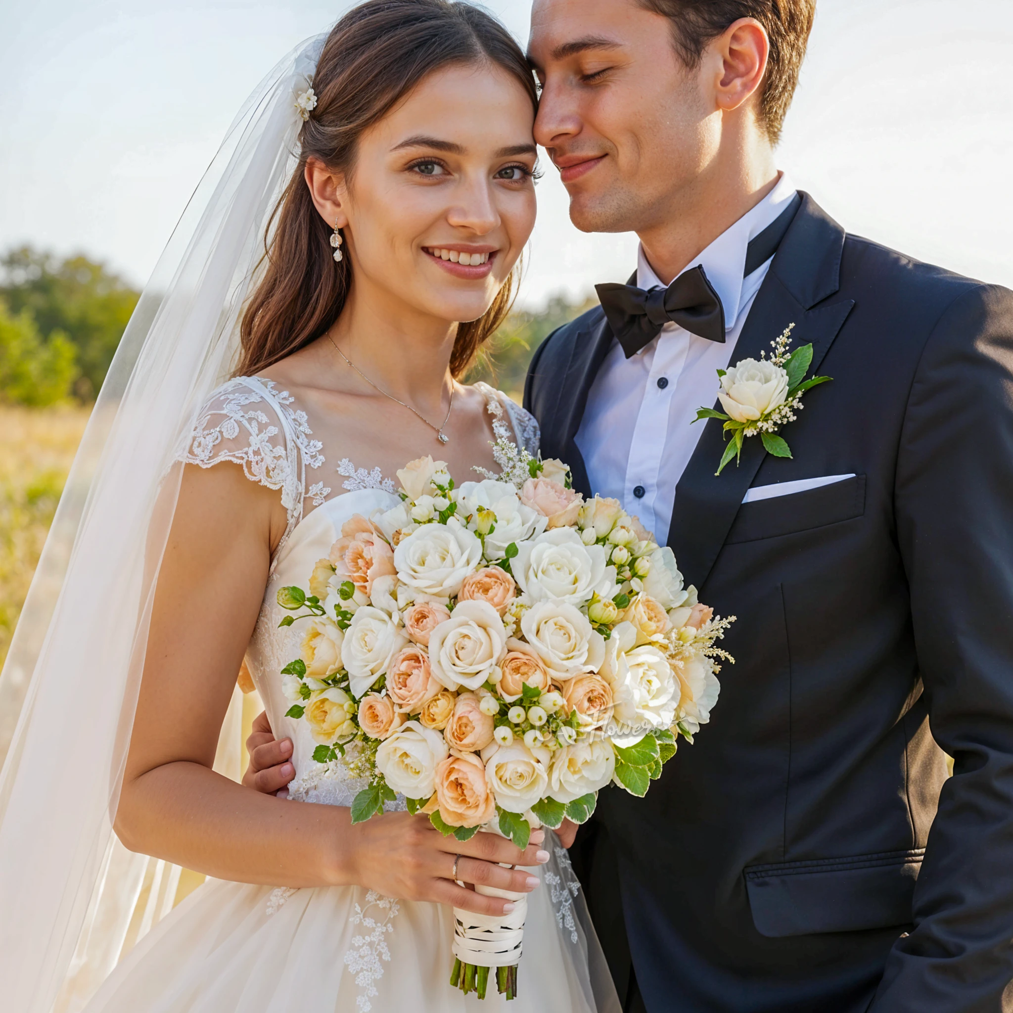 Bridal hand-tied bouquet of 20 creme roses, 10 Juliette spray roses, 6 hypericum and astible fillers.