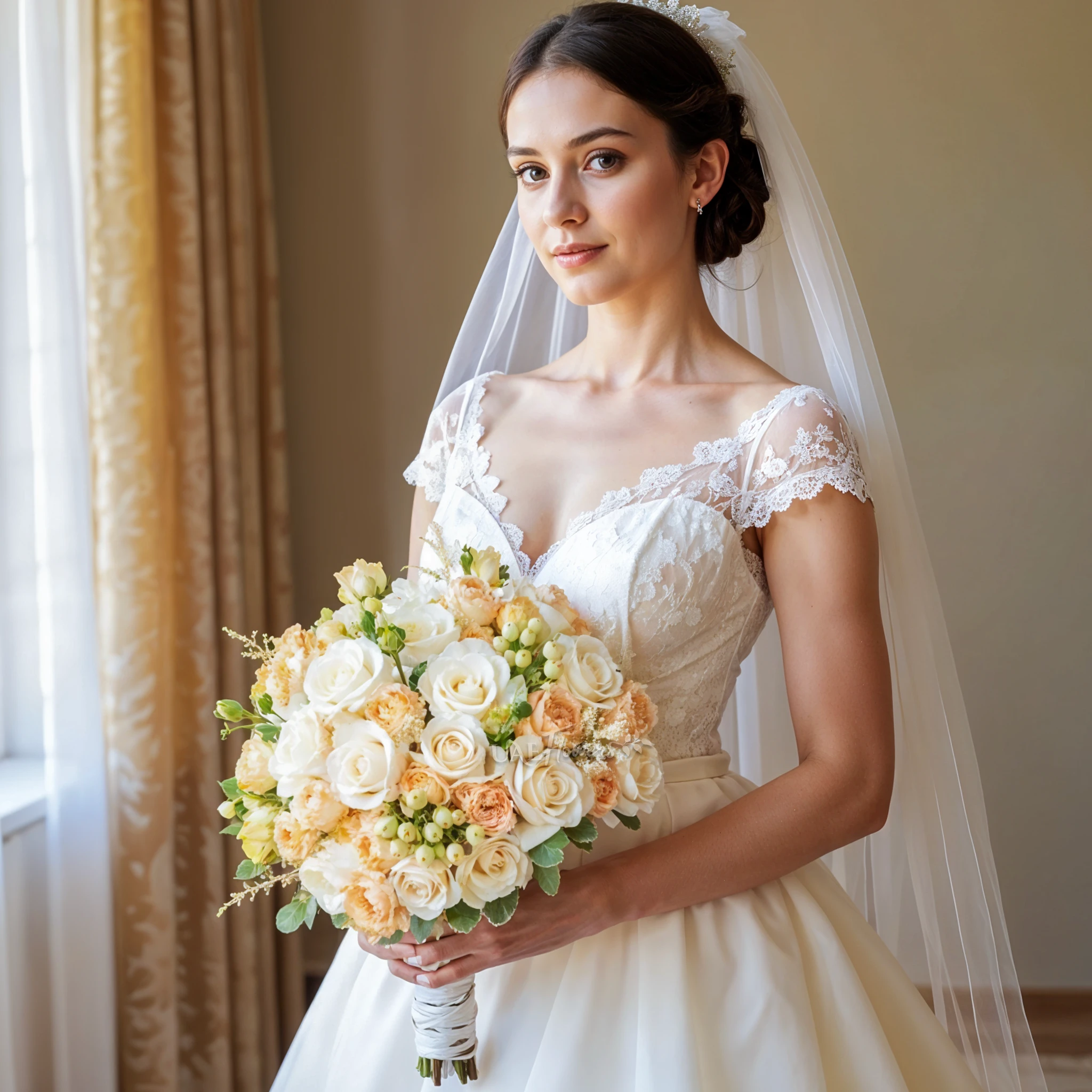 Bridal hand-tied bouquet of 20 creme roses, 10 Juliette spray roses, 6 hypericum and astible fillers.