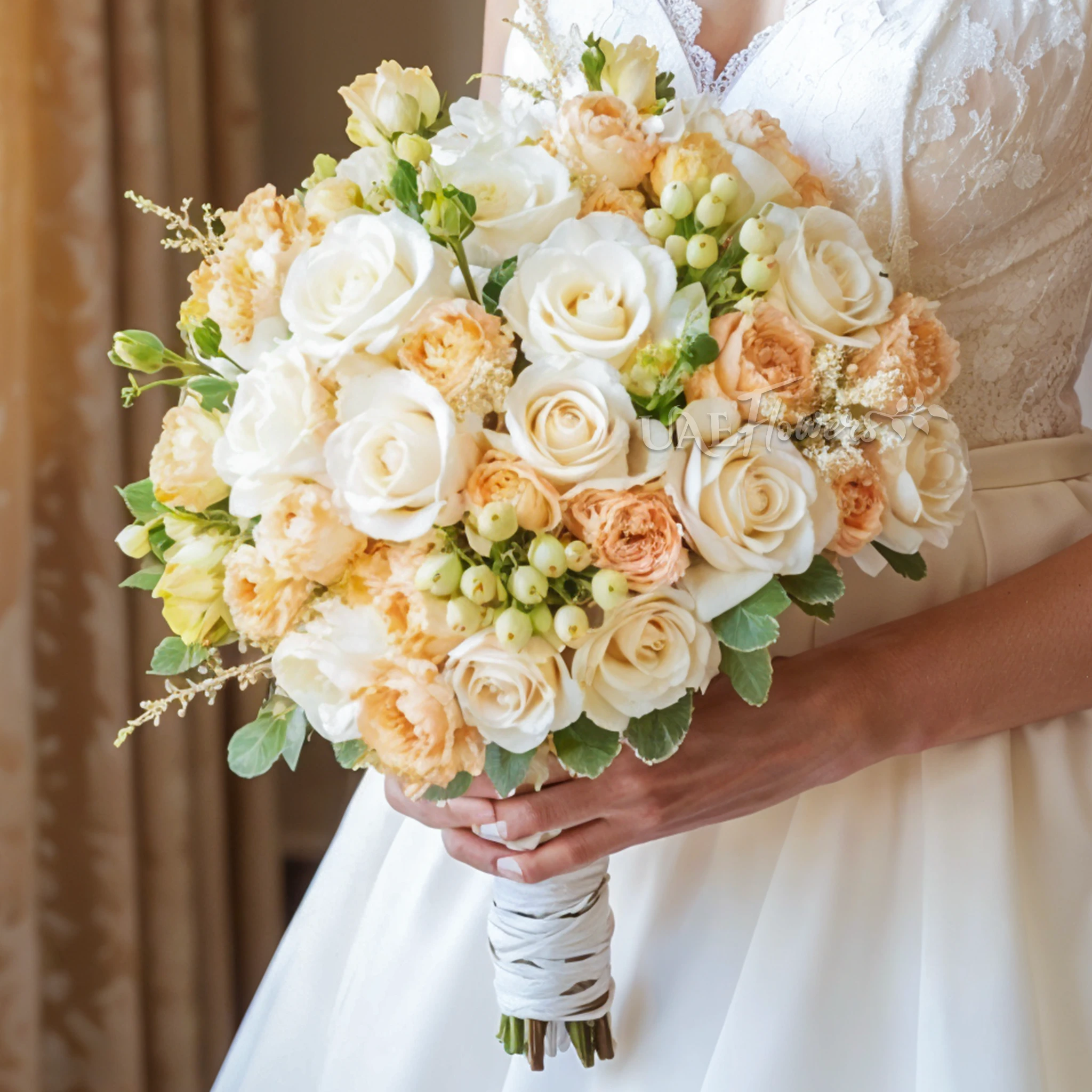 Bridal hand-tied bouquet of 20 creme roses, 10 Juliette spray roses, 6 hypericum and astible fillers.