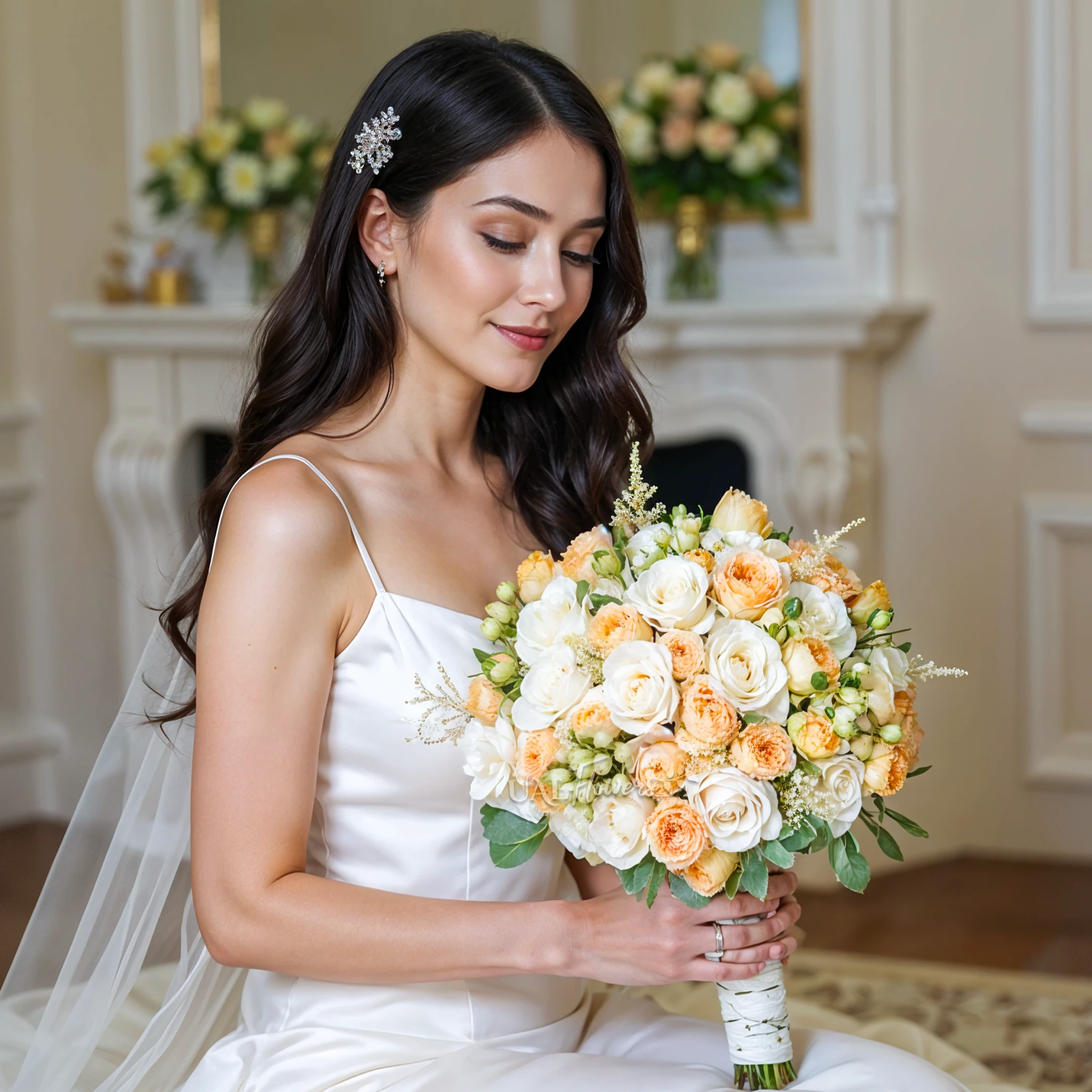 Bridal hand-tied bouquet of 20 creme roses, 10 Juliette spray roses, 6 hypericum and astible fillers.