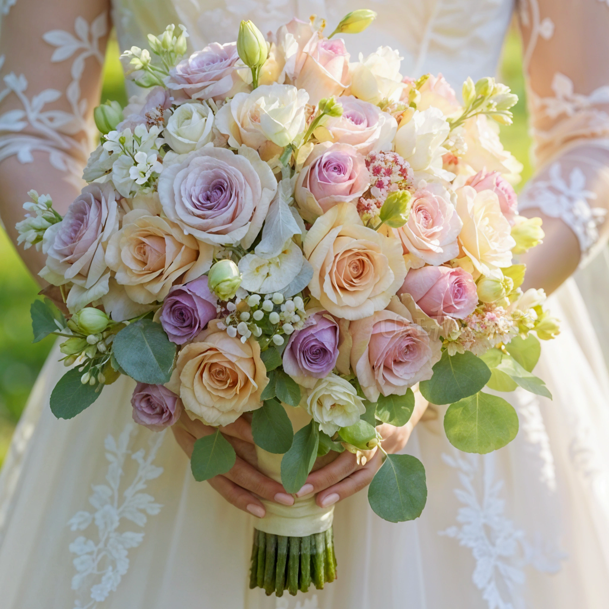Bridal hand-tied bouquet of 25 purple & peach roses, 5 white lisianthus, 3 oxypetalum, wax flowers with greens.