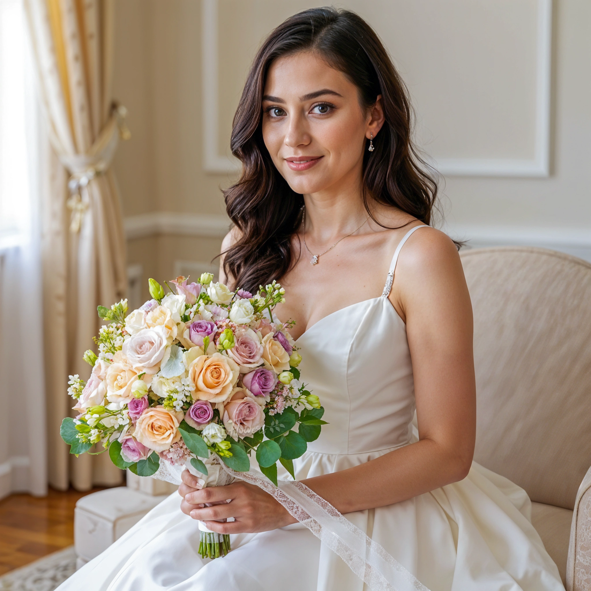 Bridal hand-tied bouquet of 25 purple & peach roses, 5 white lisianthus, 3 oxypetalum, wax flowers with greens.