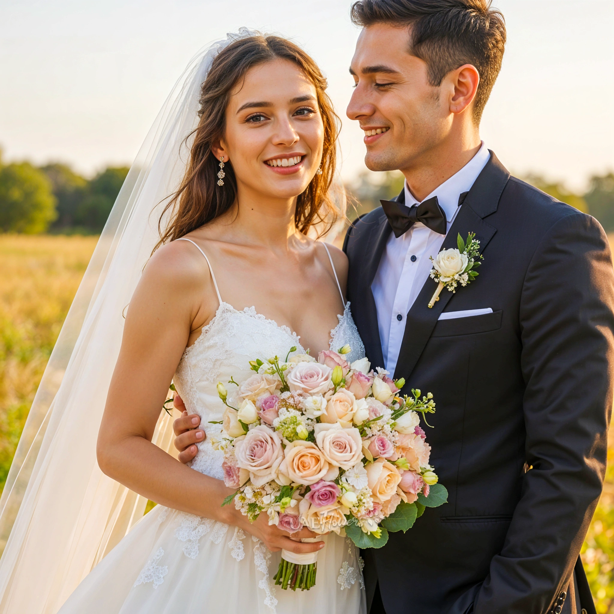 Bridal hand-tied bouquet of 25 purple & peach roses, 5 white lisianthus, 3 oxypetalum, wax flowers with greens.