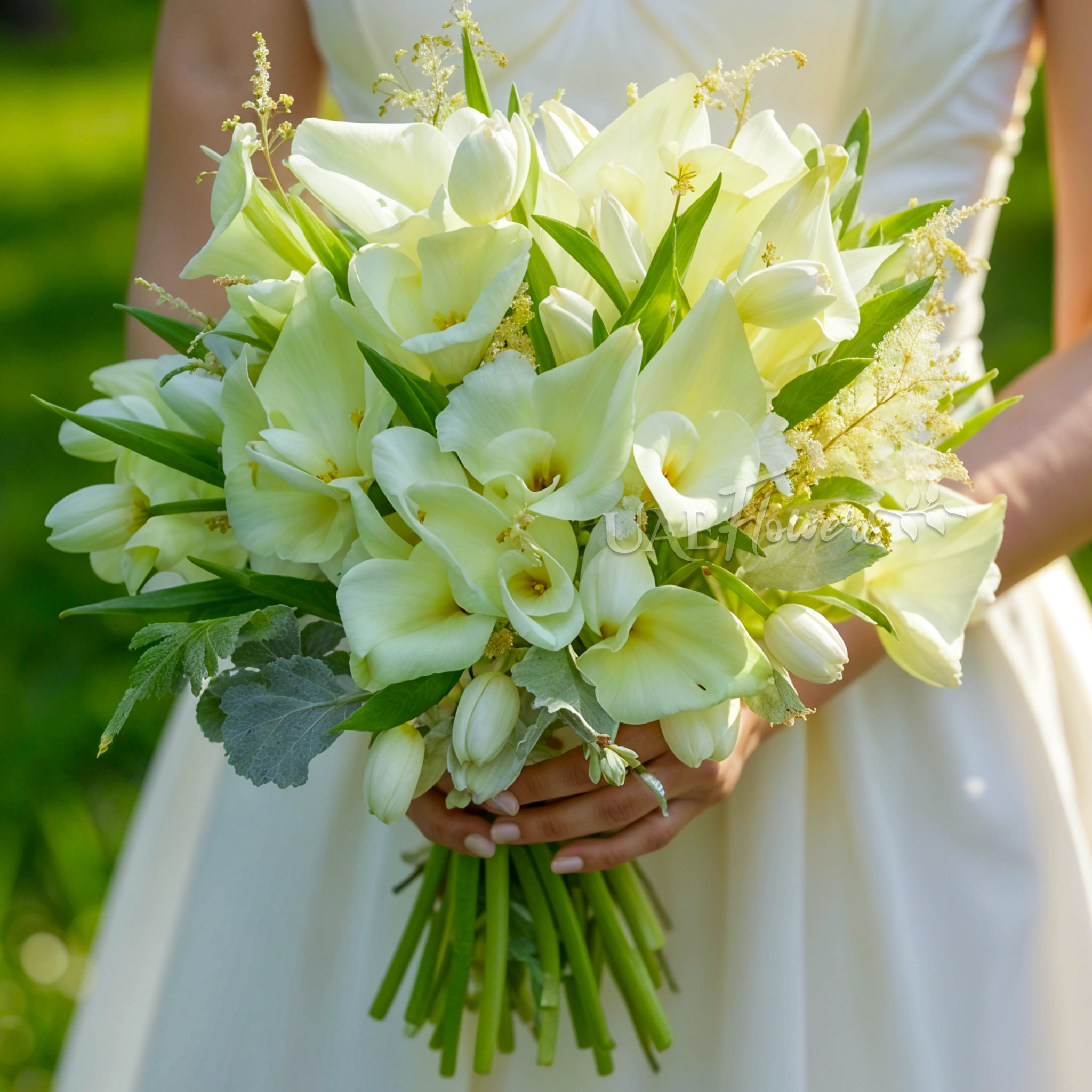 Bridal hand-tied bouquet of 20 white calla lilies, 20 white tulips with astible fillers and greens.