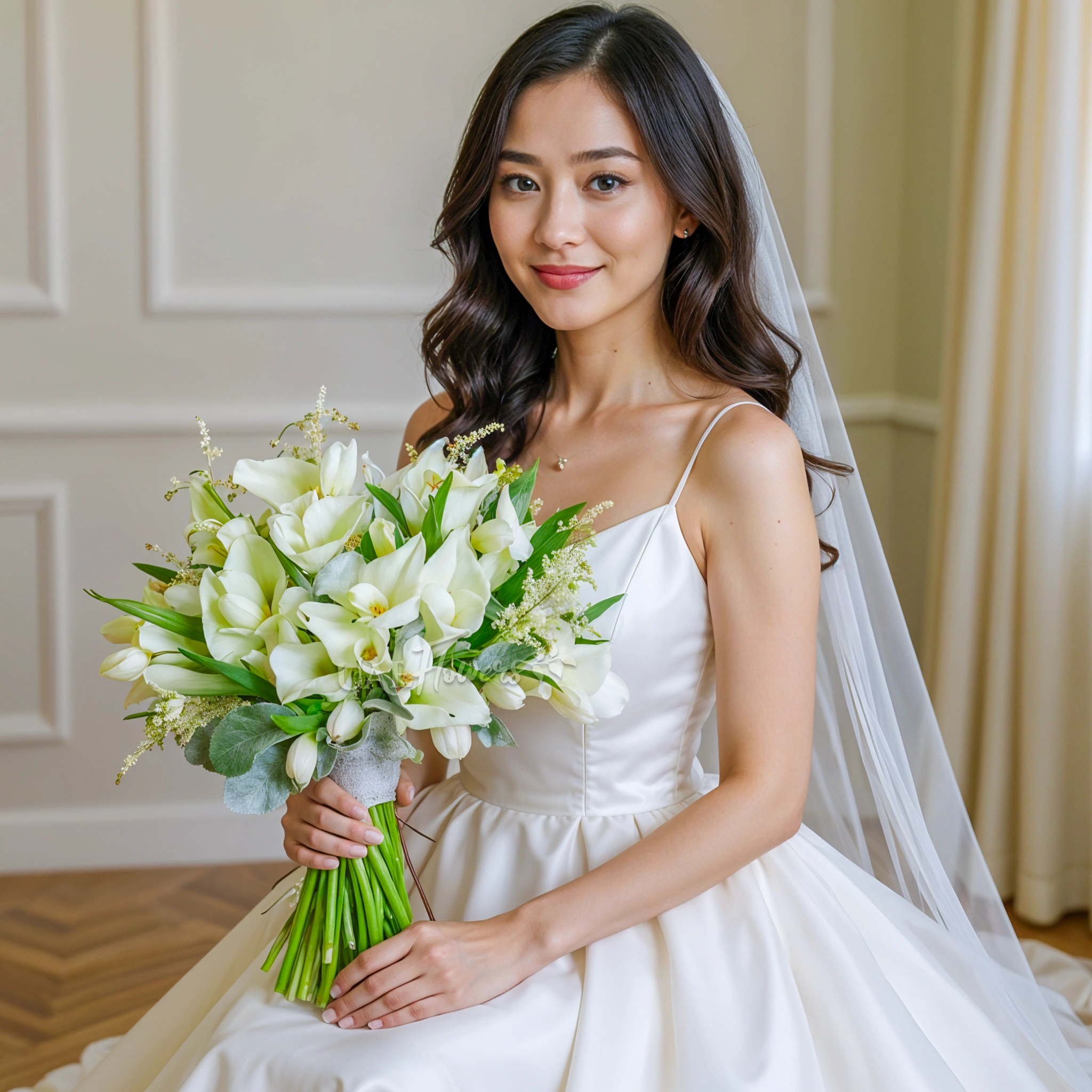 Bridal hand-tied bouquet of 20 white calla lilies, 20 white tulips with astible fillers and greens.