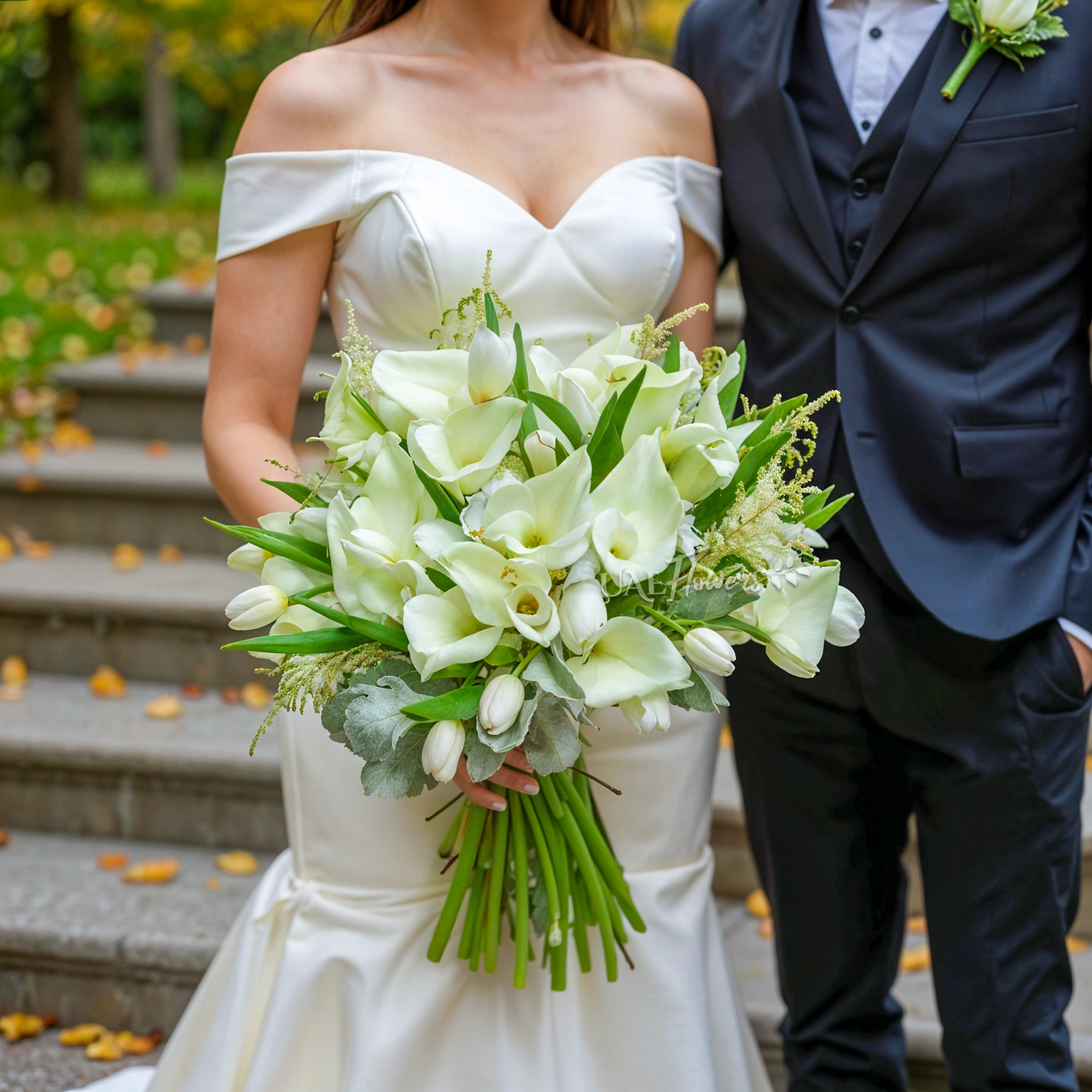 Bridal hand-tied bouquet of 20 white calla lilies, 20 white tulips with astible fillers and greens.