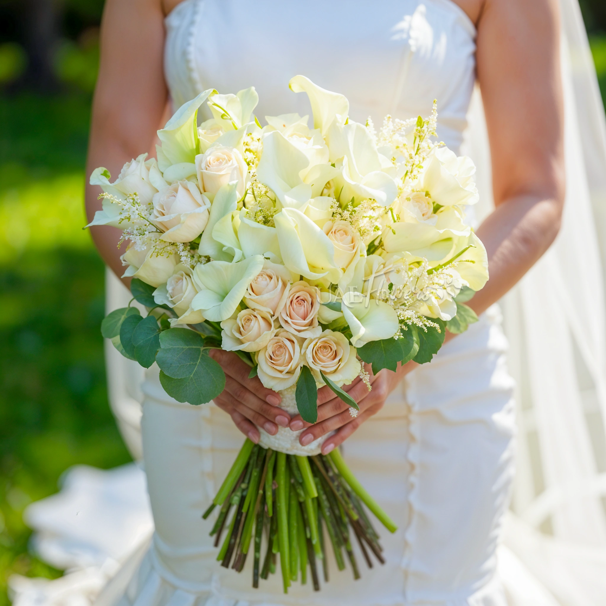 Bridal hand-tied bouquet of 20 white calla lilies and 15 white roses with greens.
