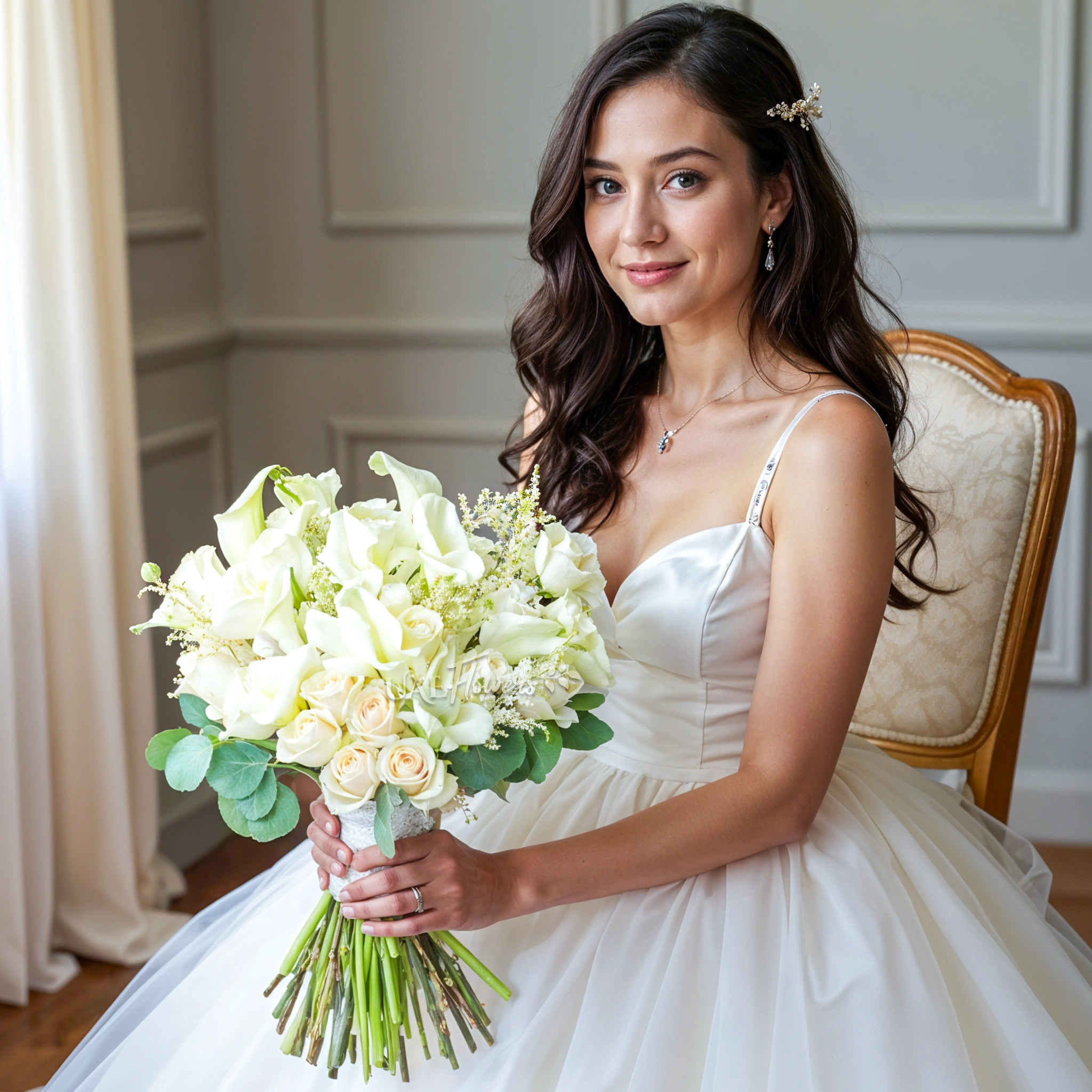 Bridal hand-tied bouquet of 20 white calla lilies and 15 white roses with greens.